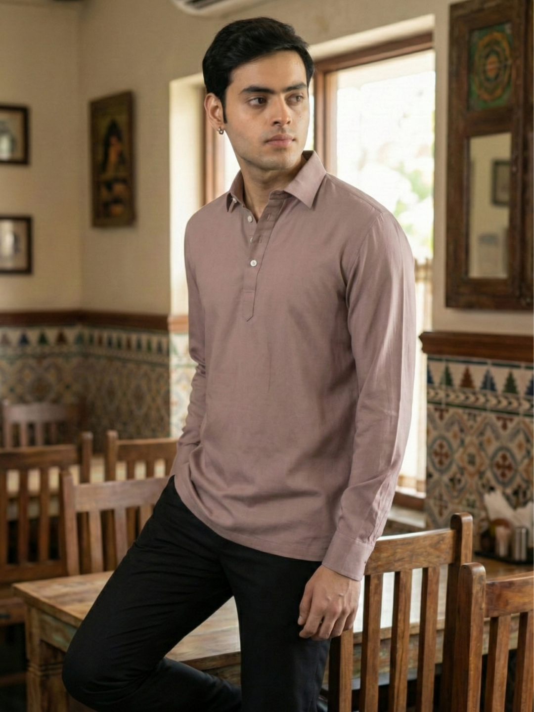Men’s Dusty Rose Premium Long Sleeve Henley Shirt with Buttoned Cuffs
