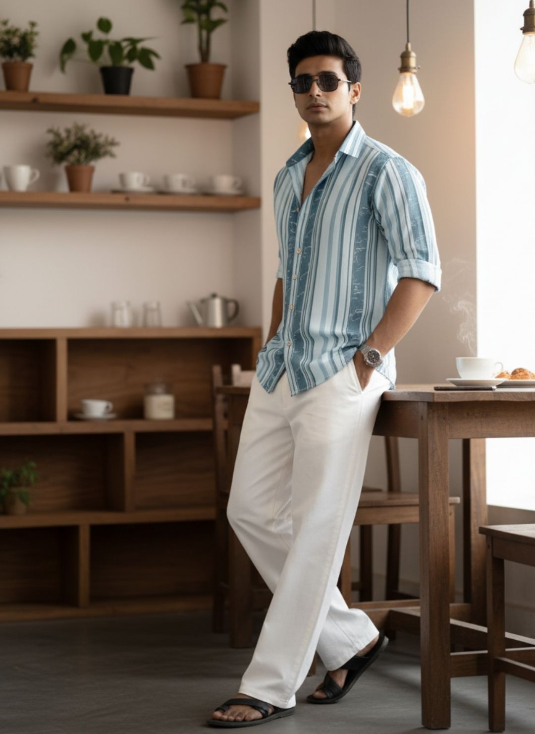 Men's Teal Grey Textured Multi-Color Striped