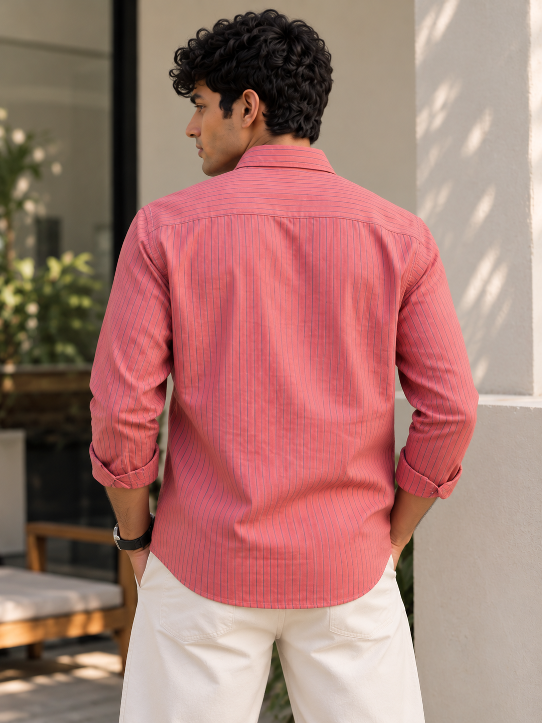 Men’s Striped Casual Shirt – Coral Pink