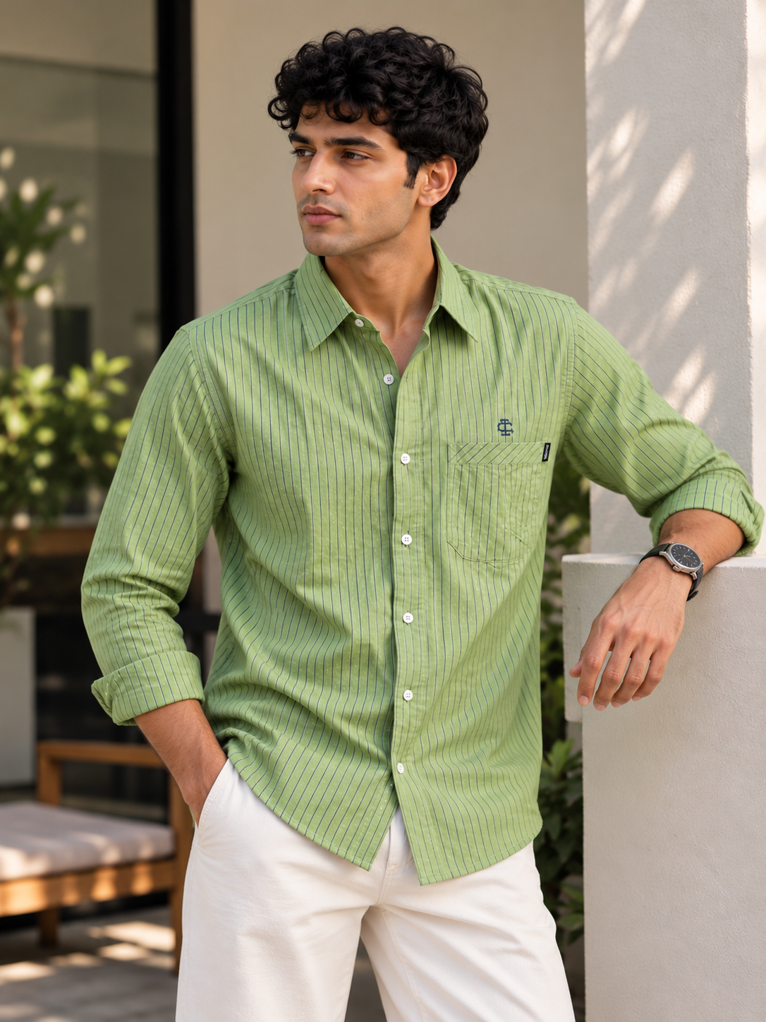 Men’s Striped Casual Shirt – Sage Green
