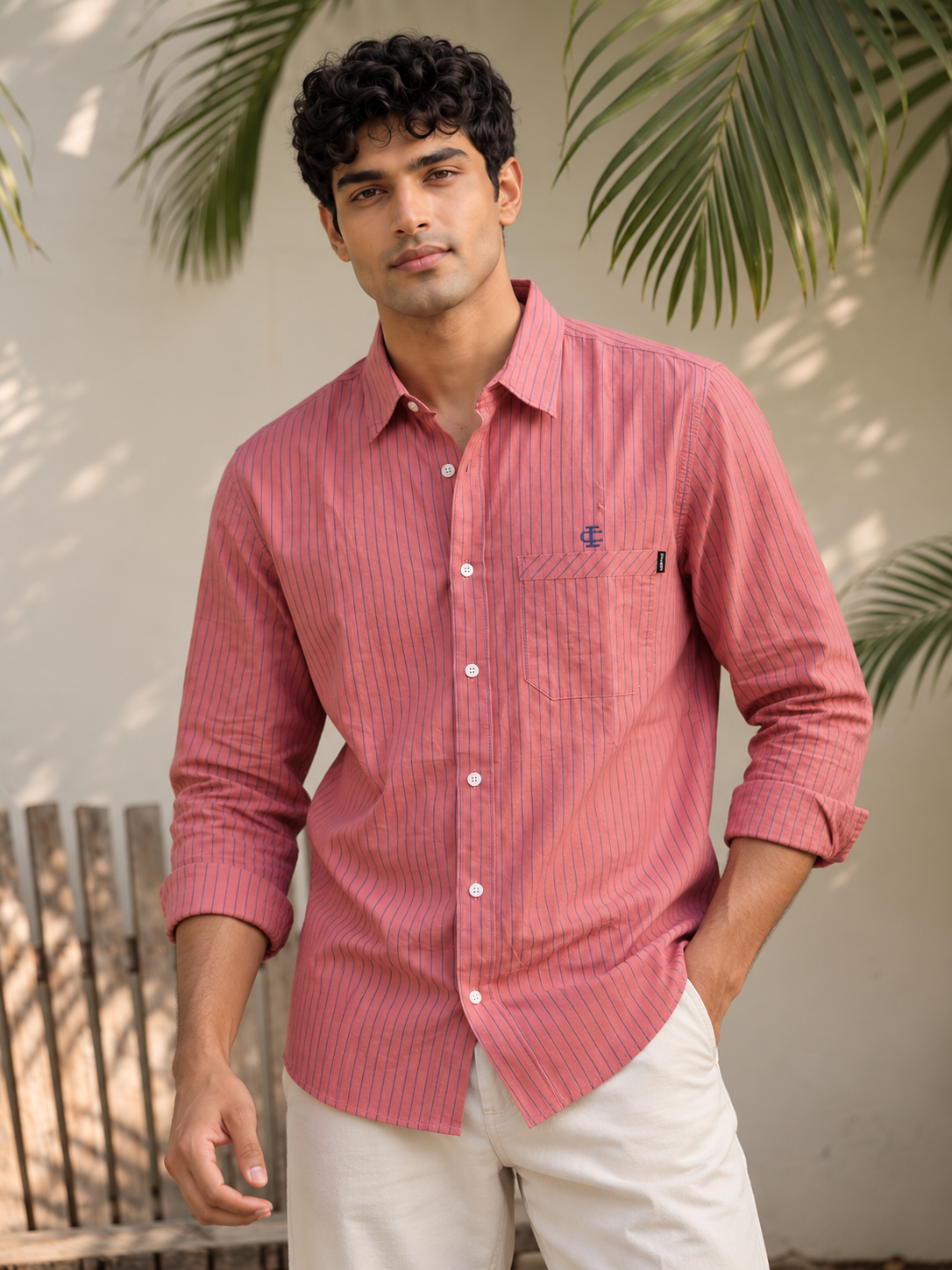Men’s Striped Casual Shirt – Coral Pink