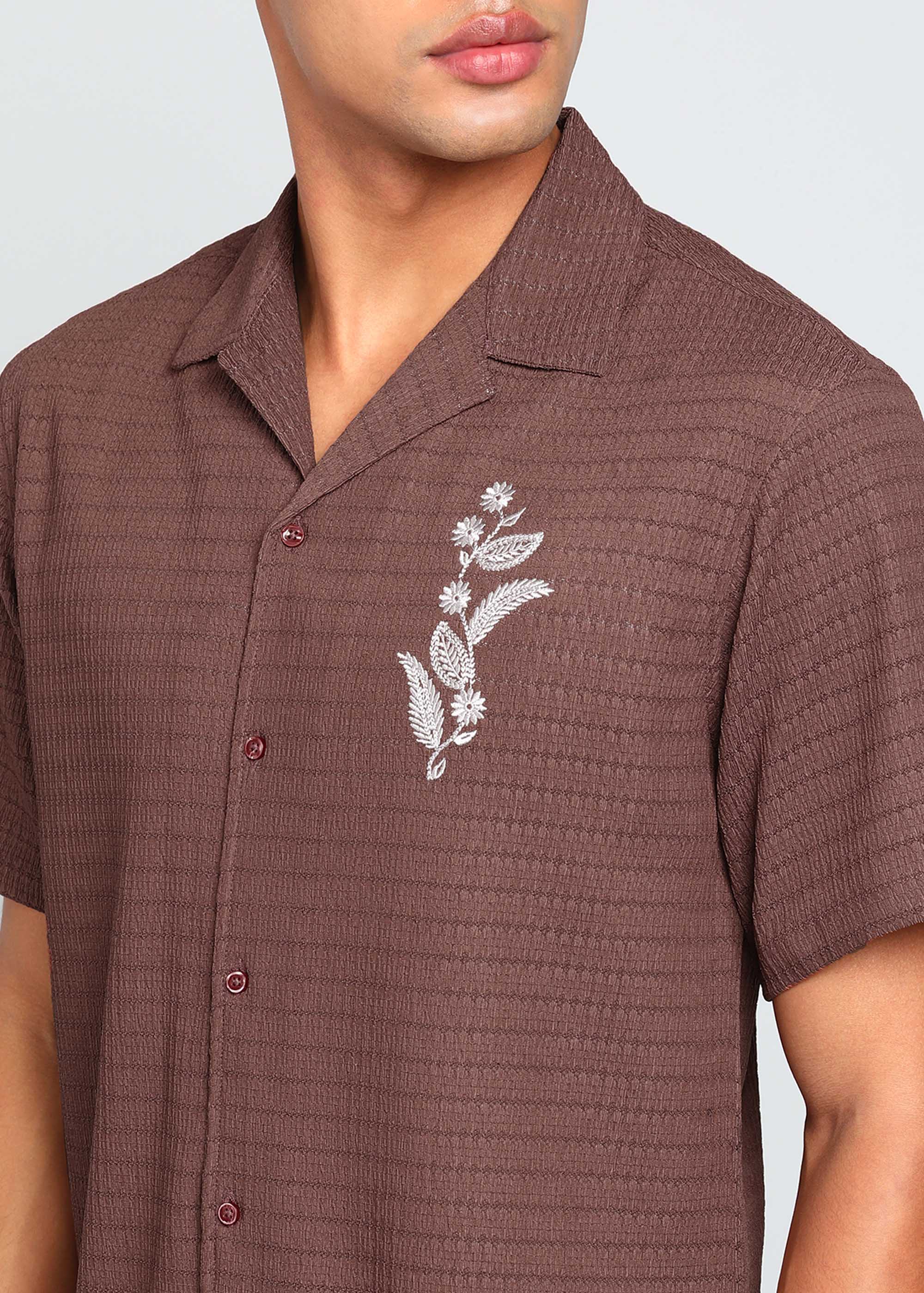 Men’s Maroon Textured Short-Sleeve Cuban Shirt with Floral Embroidery