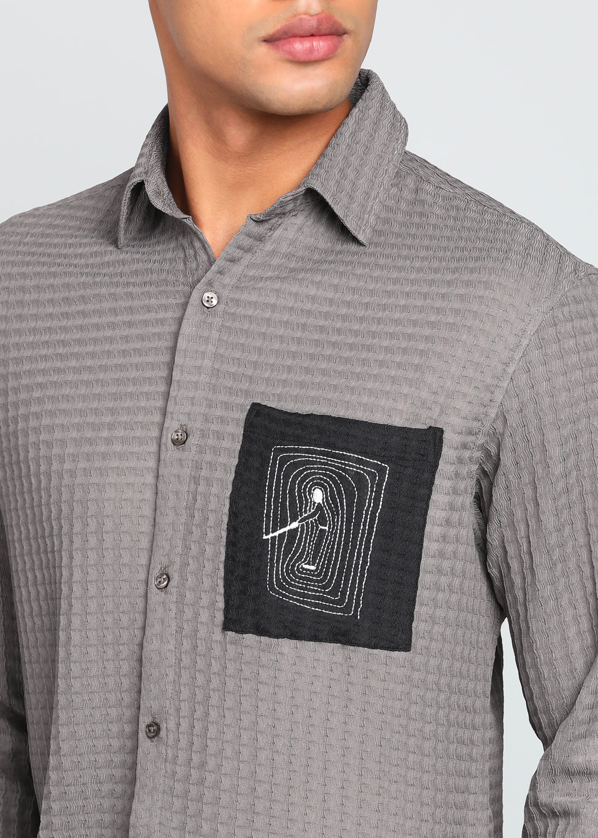Men’s Grey Textured Polyester Long Sleeve Shirt with Contrast Graphic Patch