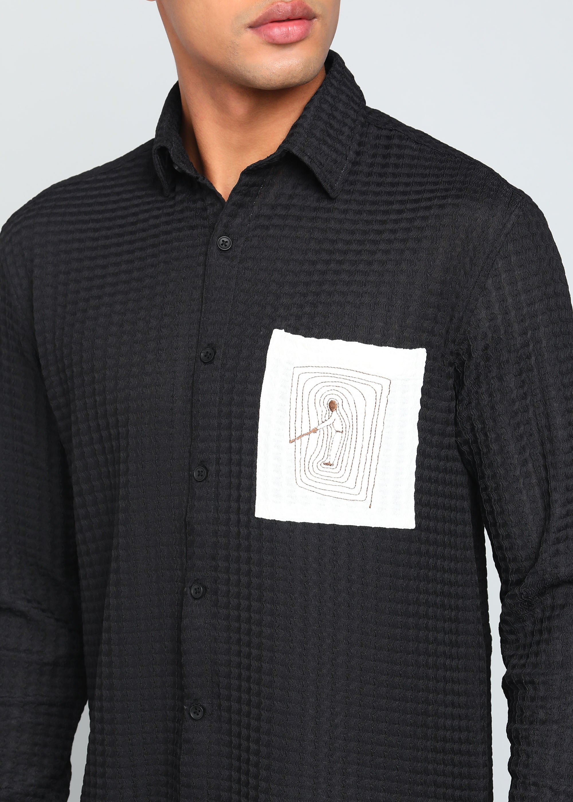 Men’s Black Textured Polyester Long Sleeve Shirt with Contrast Graphic Patch