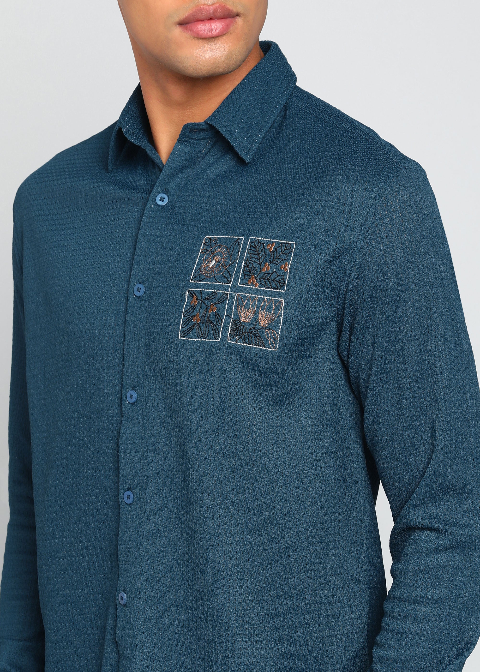 Men’s Teal Blue Textured Regular Fit Shirt with Floral Chest Embroidery