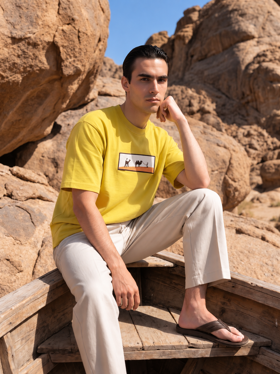 Men's Premium Oversized T-Shirt with Desert Camel Graphic Patch - Yellow