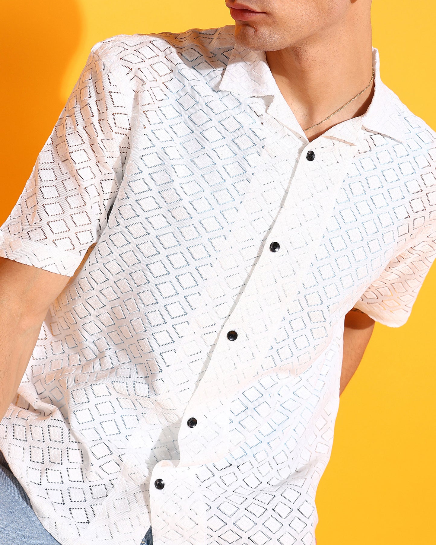 White Crochet Rhombus Pattern Shirt