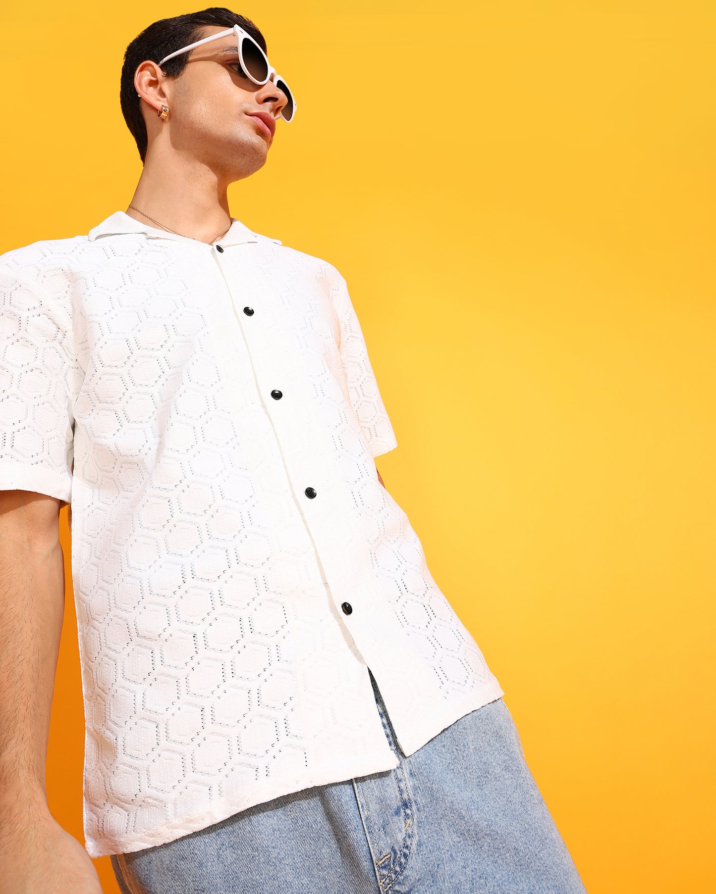 White Crochet Octagon Pattern Shirt