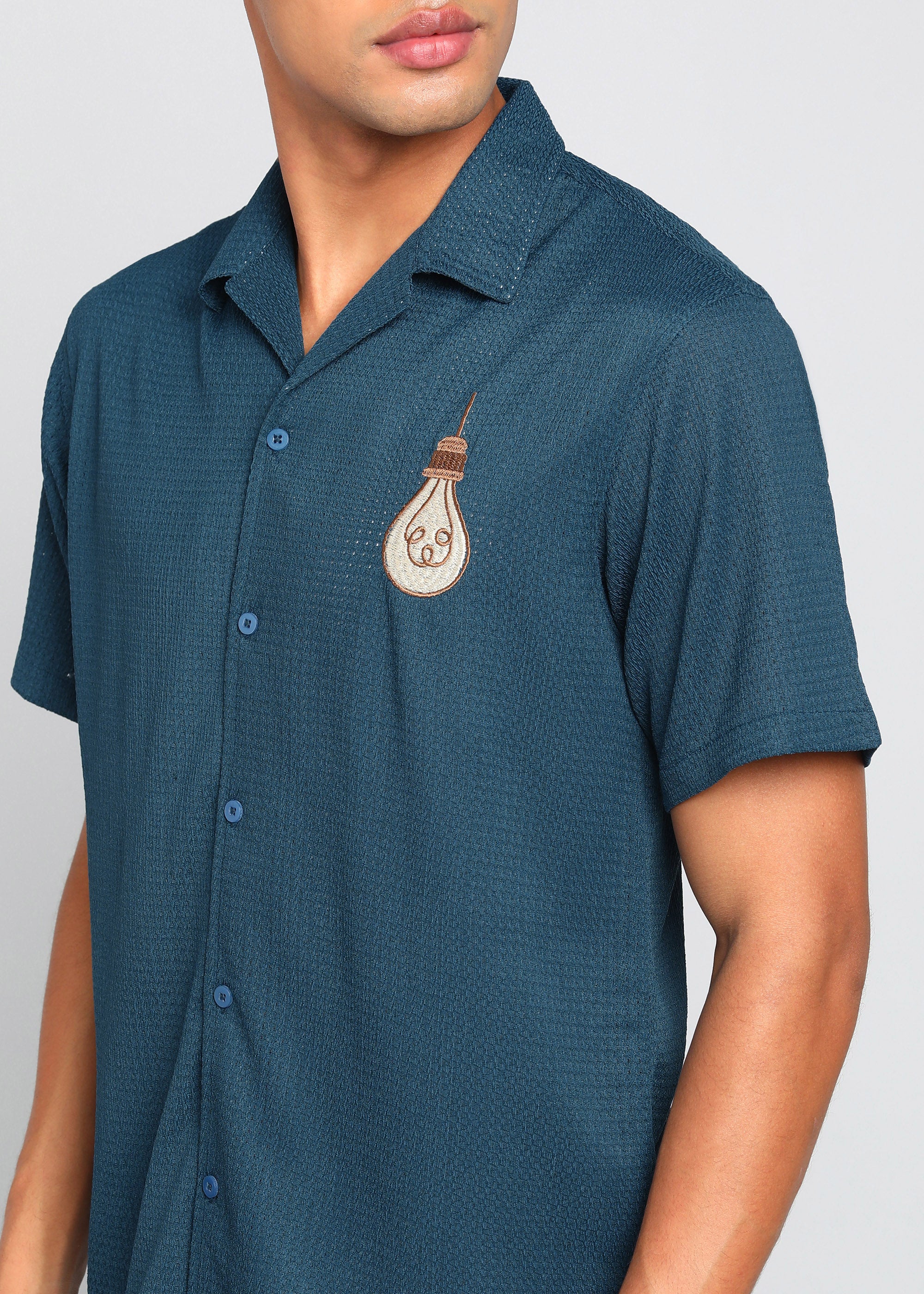 Men’s Deep Teal Textured Resort Embroidery Shirt
