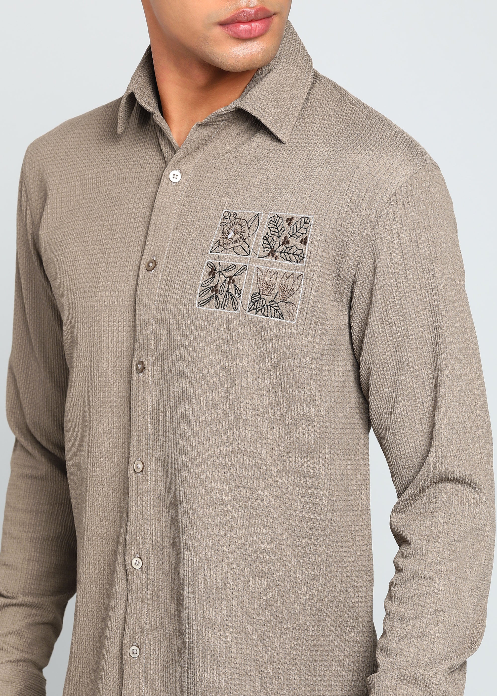 Men’s Beige Textured Regular Fit Shirt with Floral Chest Embroidery