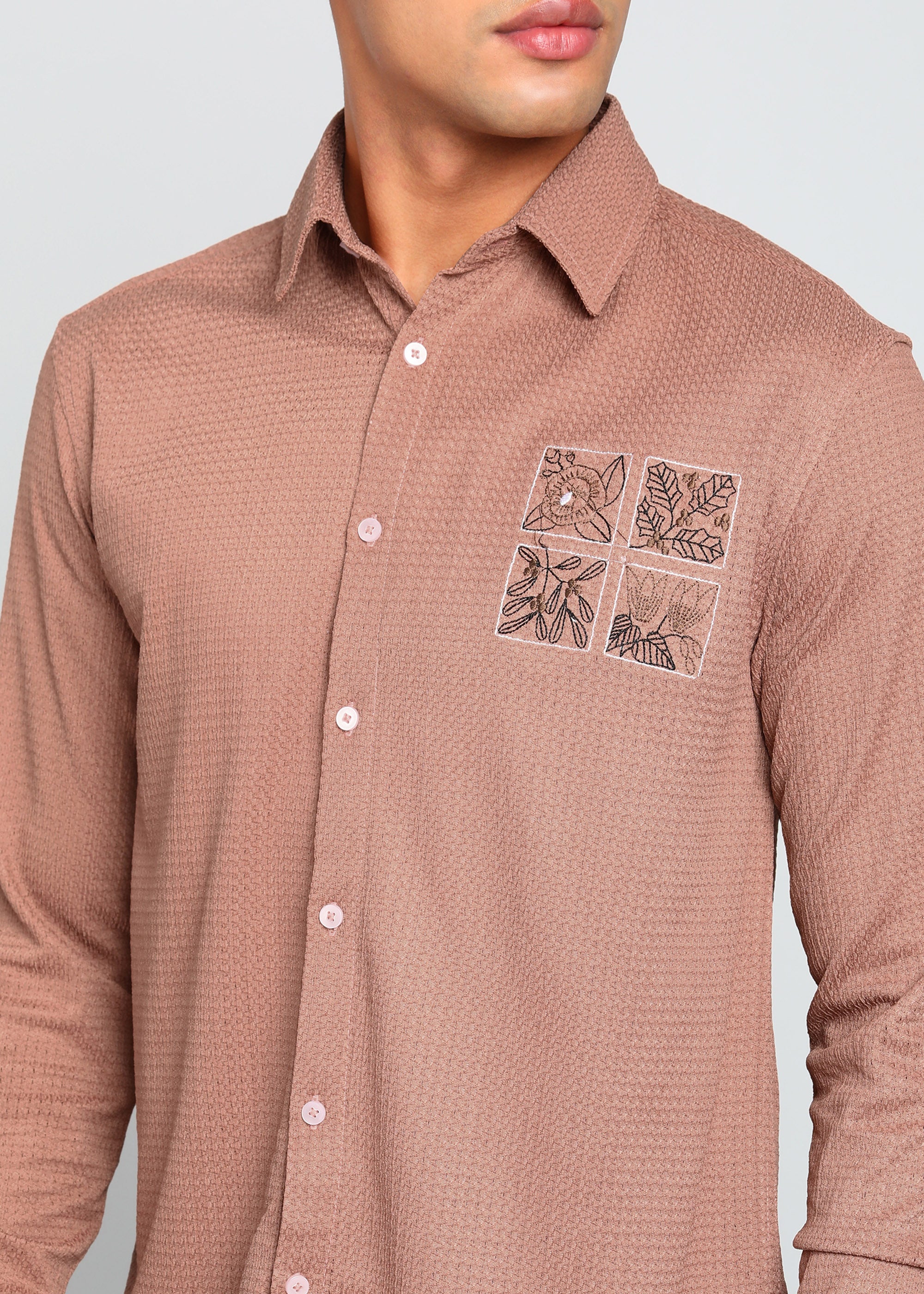 Men’s Dusty Rose Textured Regular Fit Shirt with Floral Chest Embroidery
