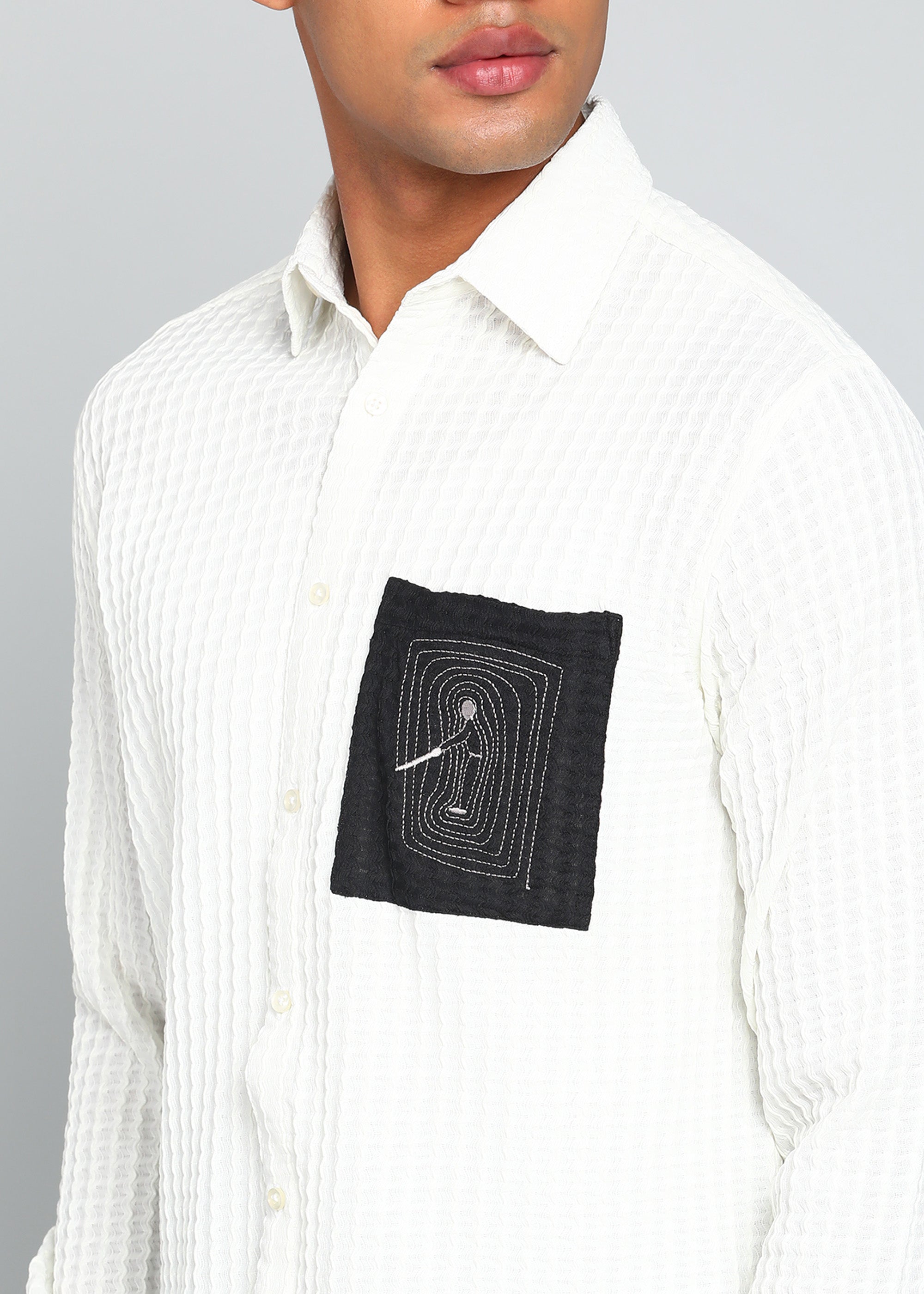 Men’s White Textured Polyester Long Sleeve Shirt with Contrast Graphic Patch