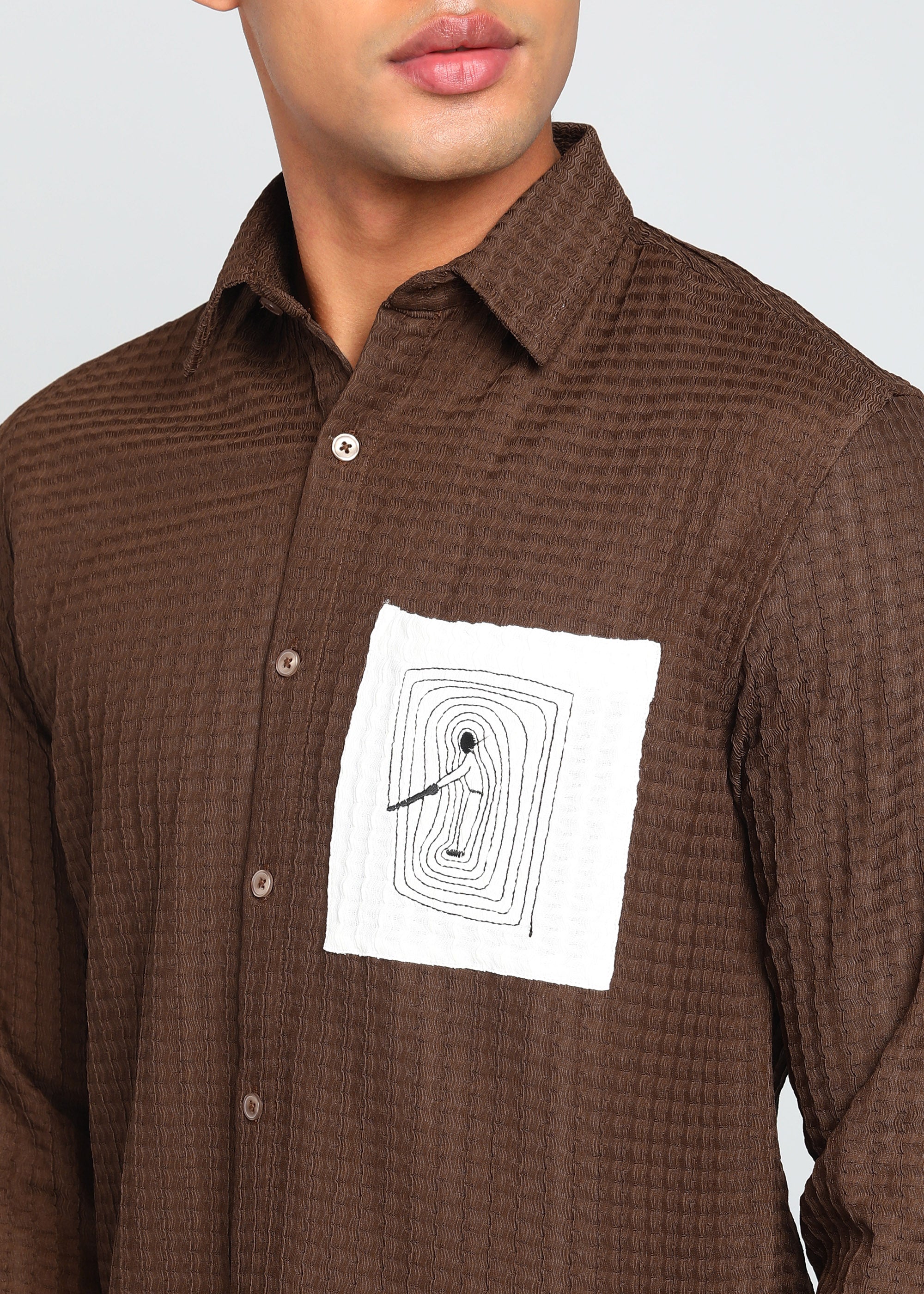 Men’s Brown Textured Polyester Long Sleeve Shirt with Contrast Graphic Patch