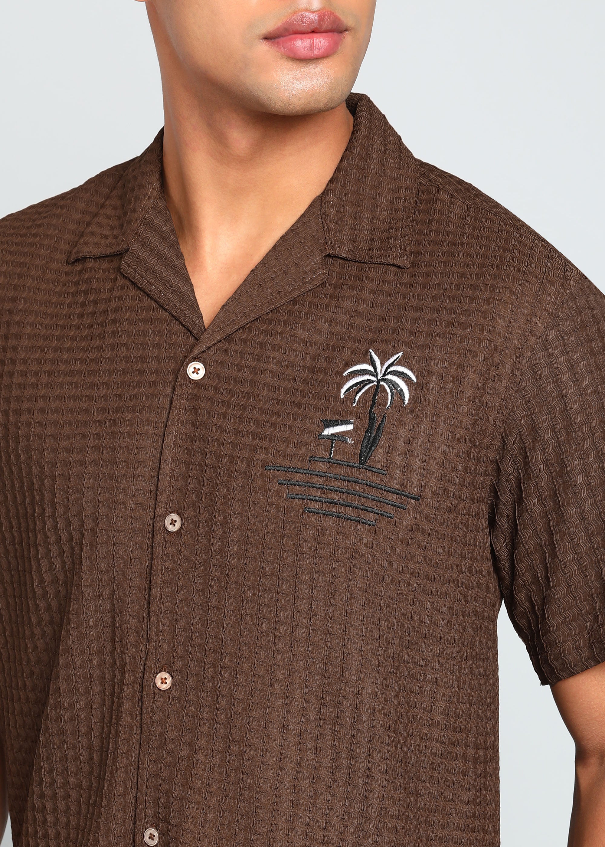 Men’s Brown Textured Seersucker Cuban Collar Shirt with Palm Embroidery