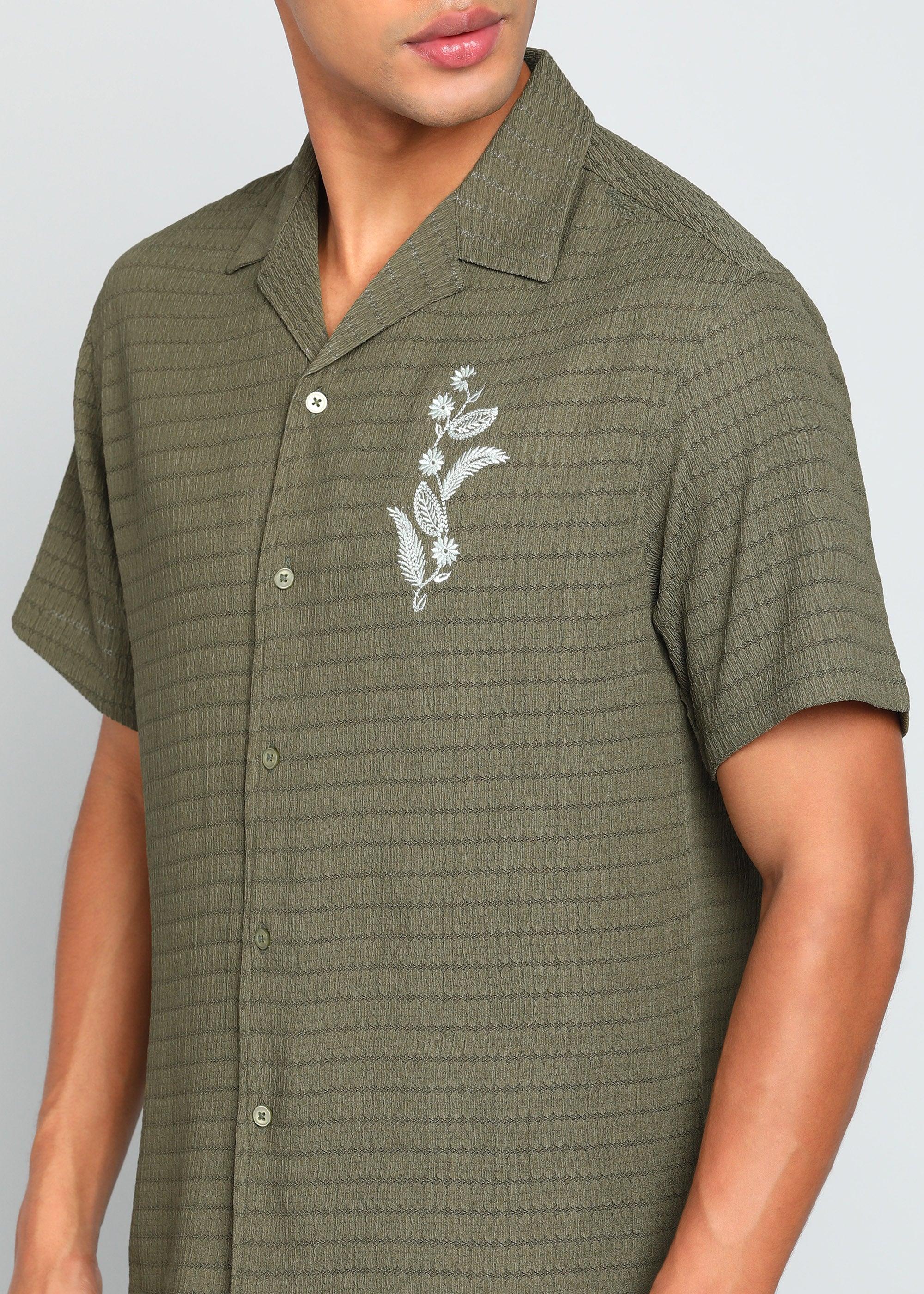 Men’s Olive Green Textured Short-Sleeve Cuban Shirt with Floral Embroidery