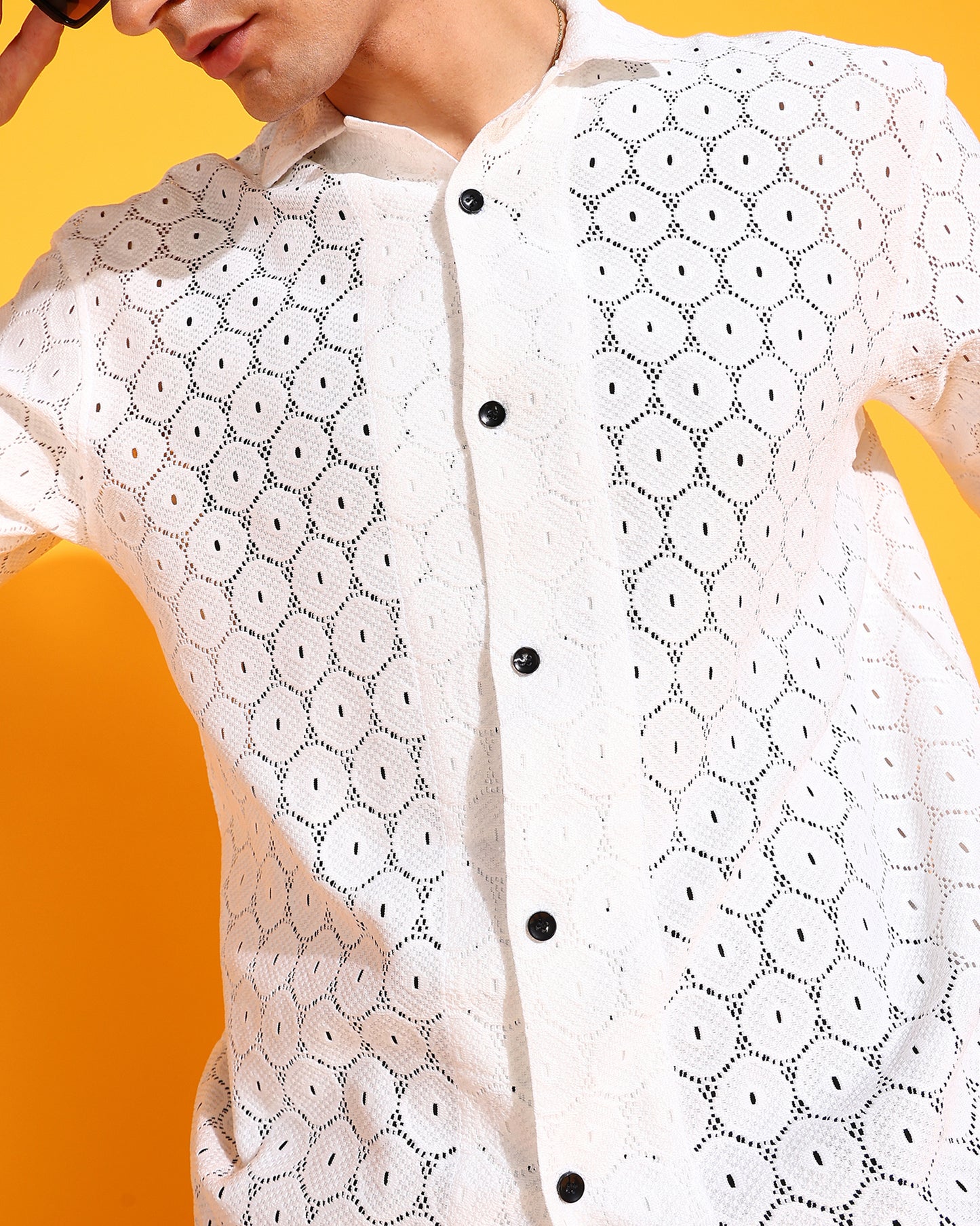 Geomatric White Crochet Pentagon Pattern Shirt