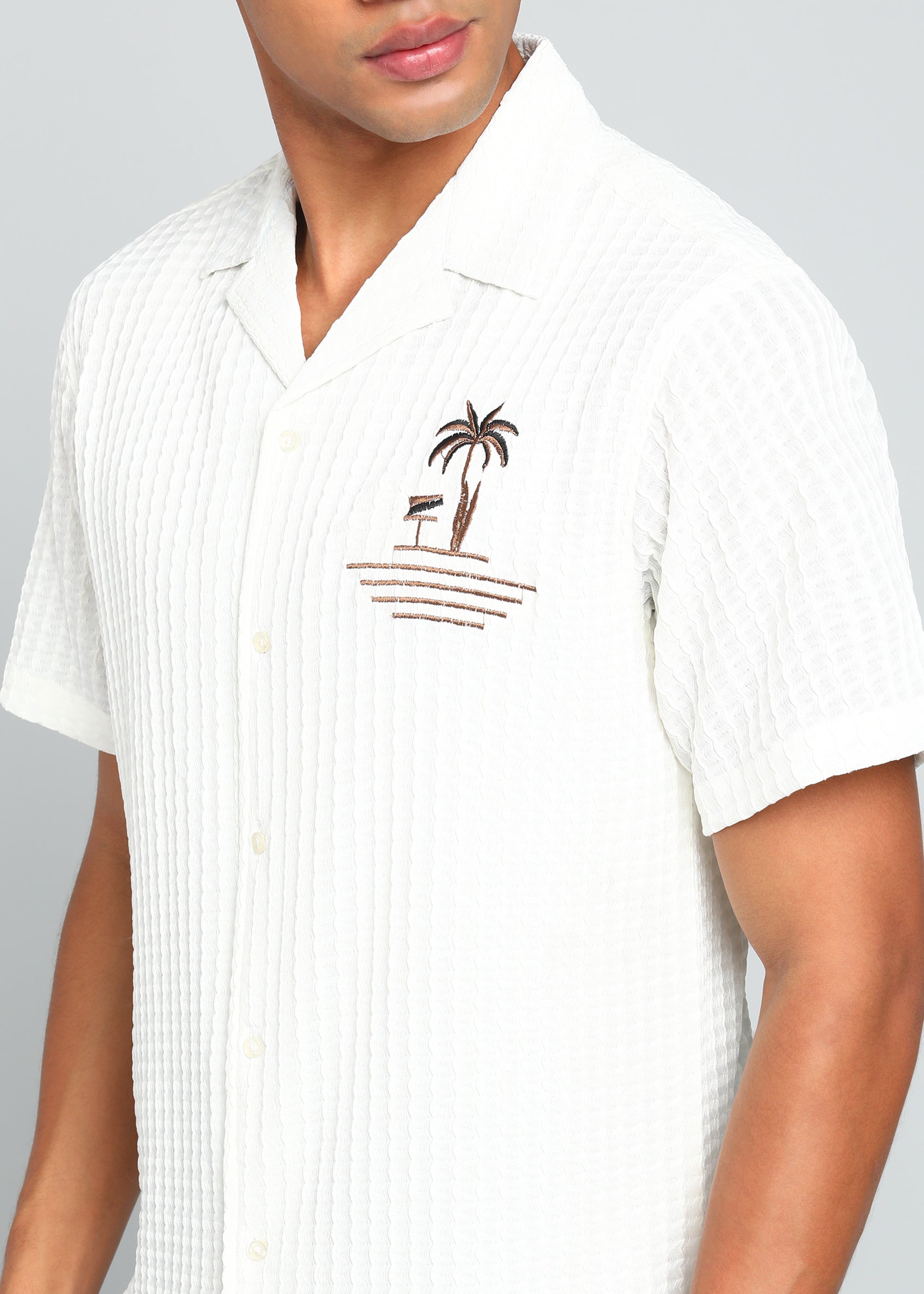 Men’s White Textured Seersucker Cuban Collar Shirt with Palm Embroidery