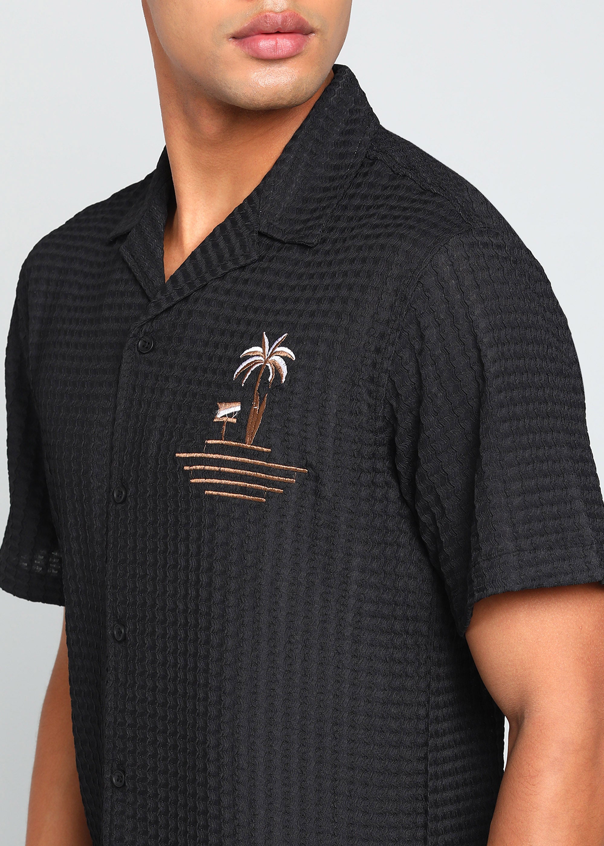 Men’s Black Textured Seersucker Cuban Collar Shirt with Palm Embroidery
