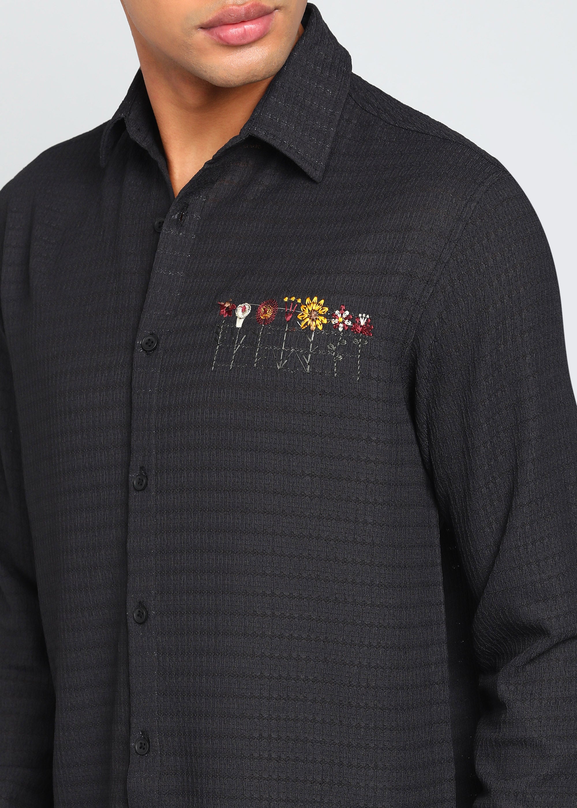 Men’s Black Textured Polyester Long-Sleeve Shirt with Floral Chest Embroidery
