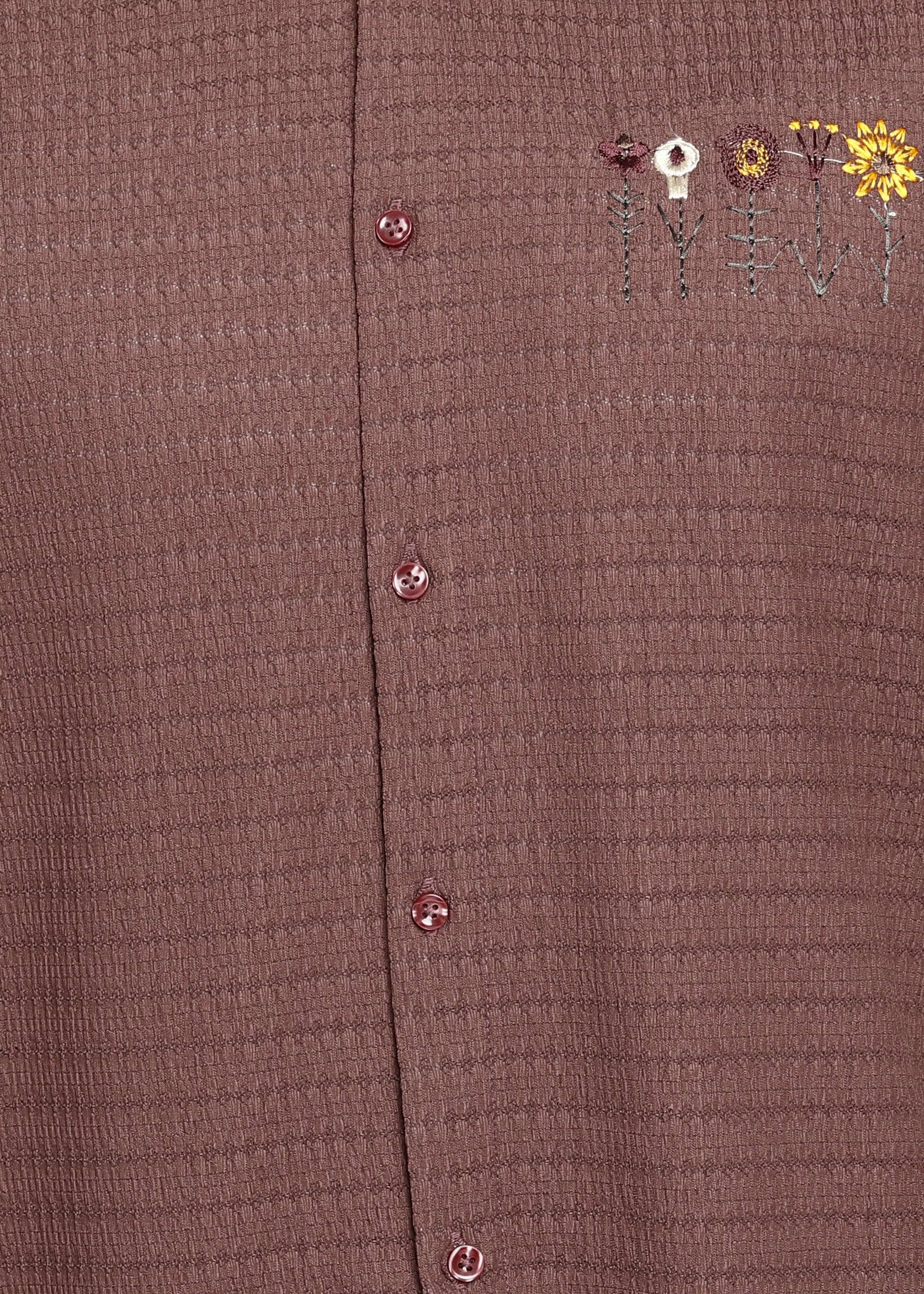 Men’s Brown Textured Polyester Long-Sleeve Shirt with Floral Embroidery