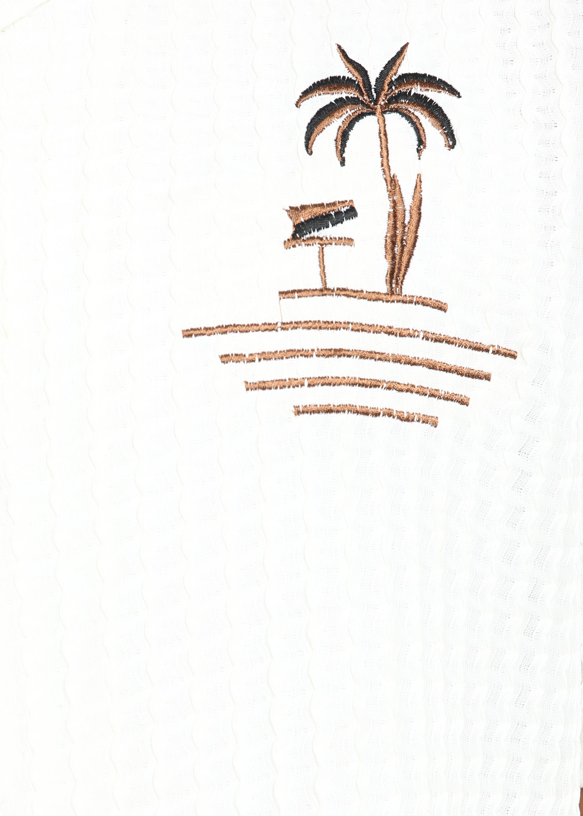 Men’s White Textured Seersucker Cuban Collar Shirt with Palm Embroidery