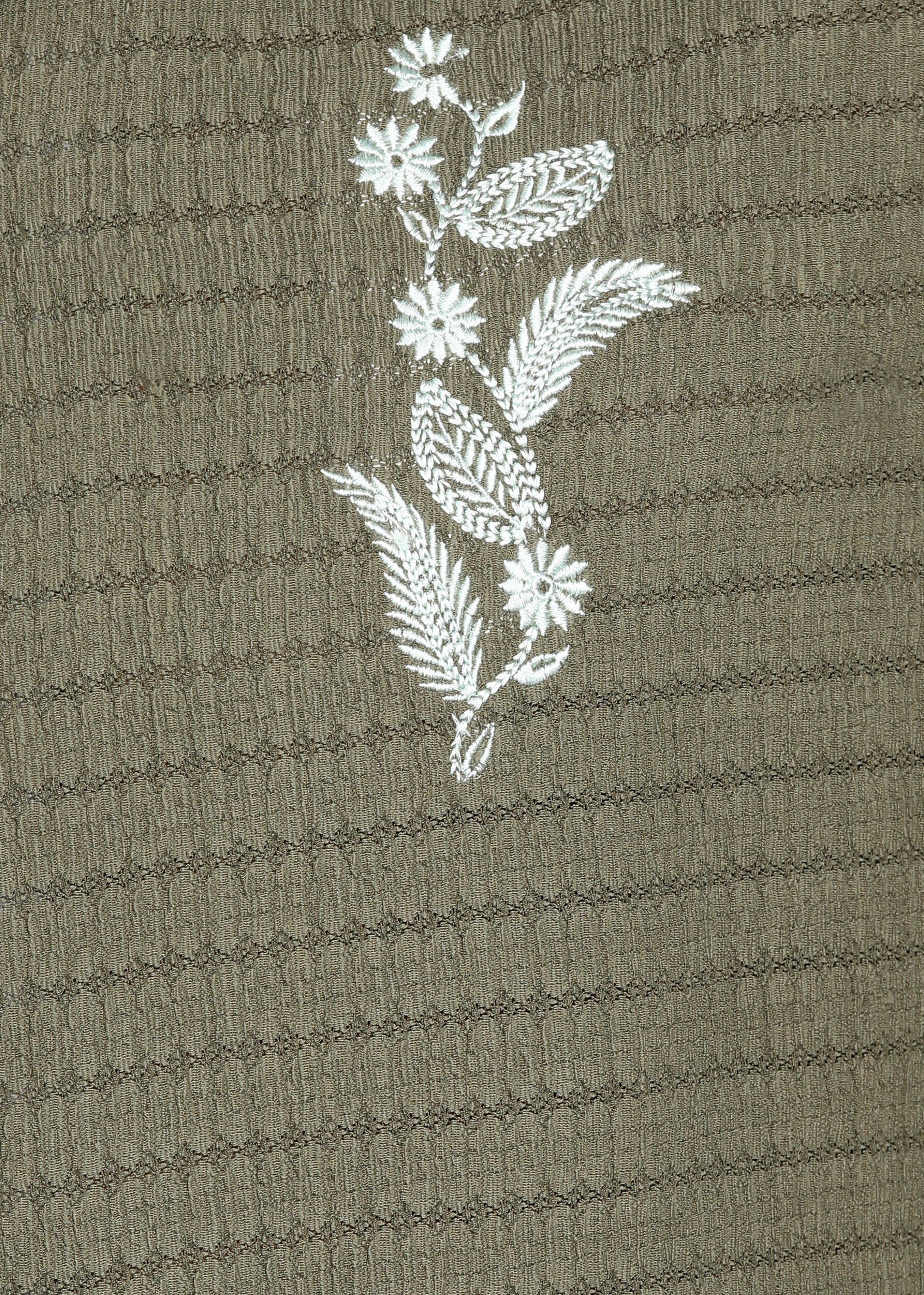 Men’s Olive Green Textured Short-Sleeve Cuban Shirt with Floral Embroidery