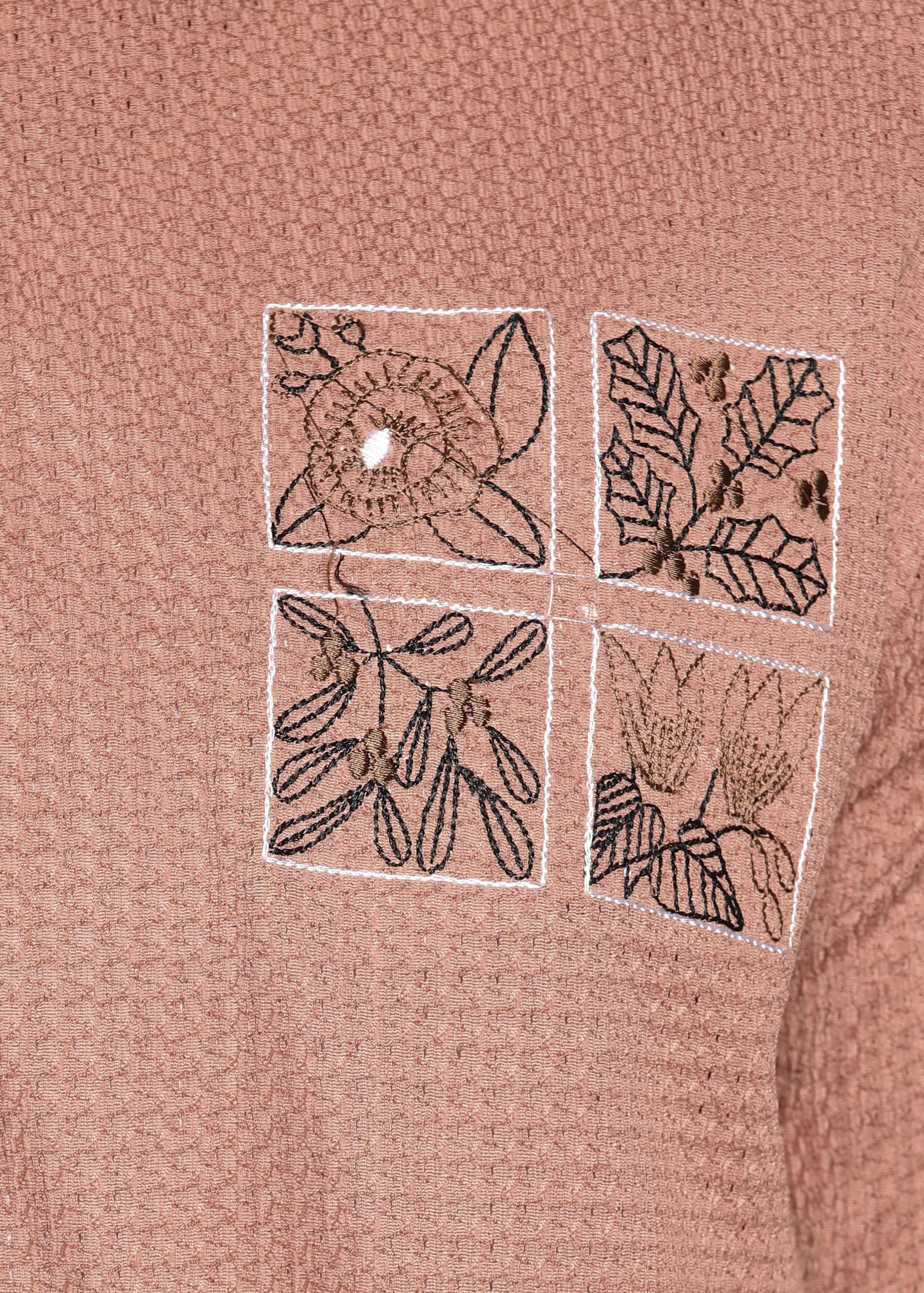 Men’s Dusty Rose Textured Regular Fit Shirt with Floral Chest Embroidery