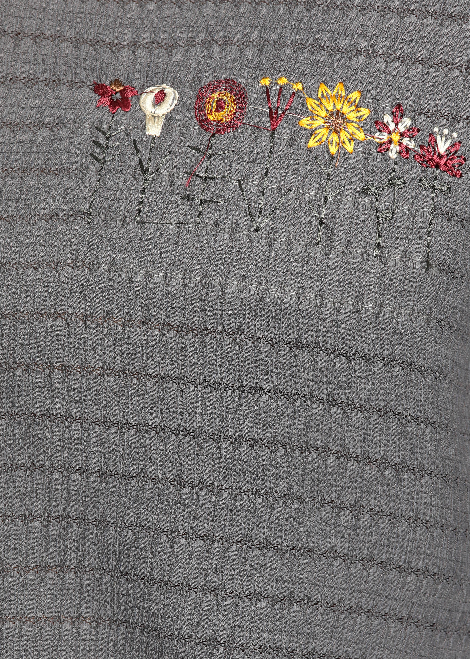 Men’s Grey Textured Polyester Long-Sleeve Shirt with Multi-Color Flower Embroidery