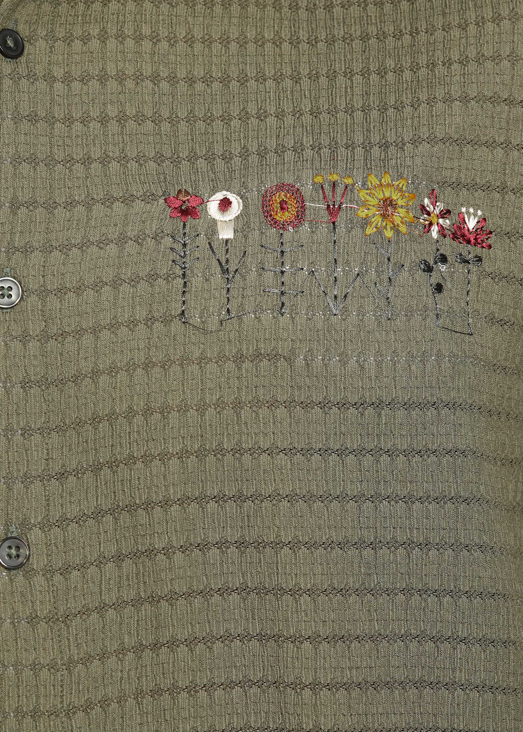 Men’s Olive Green Textured Long-Sleeve Shirt with Embroidered Floral