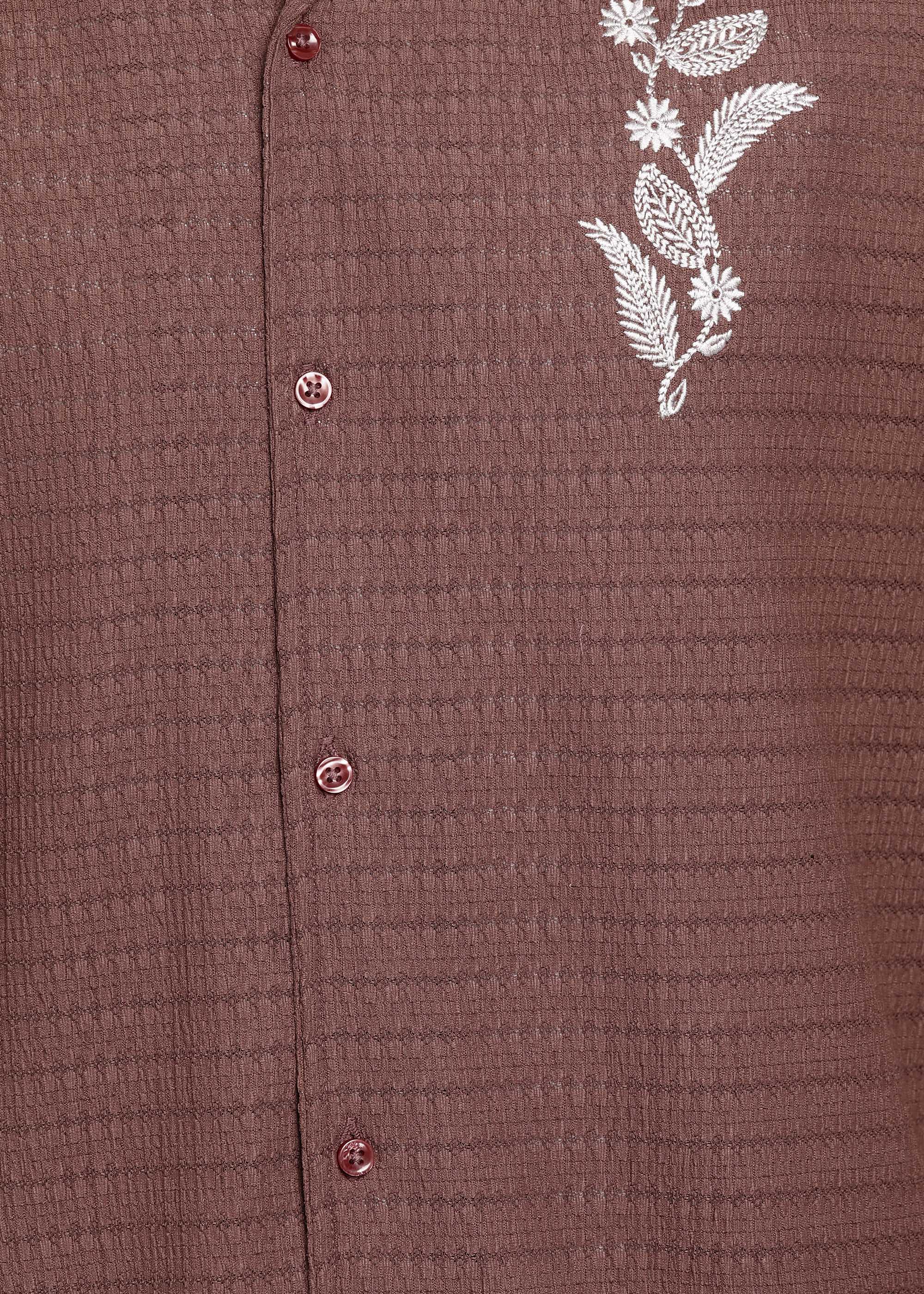 Men’s Maroon Textured Short-Sleeve Cuban Shirt with Floral Embroidery