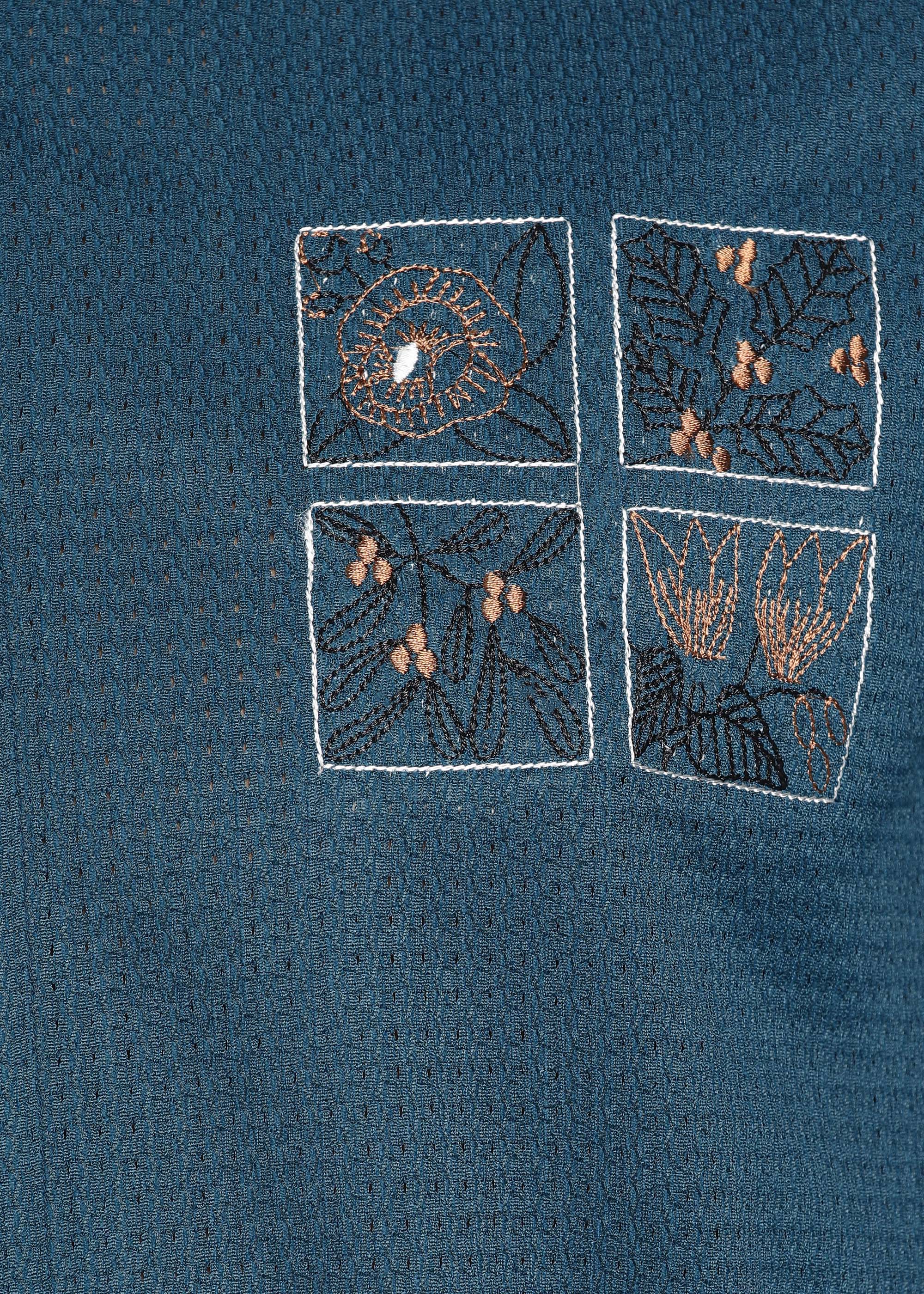 Men’s Teal Blue Textured Regular Fit Shirt with Floral Chest Embroidery