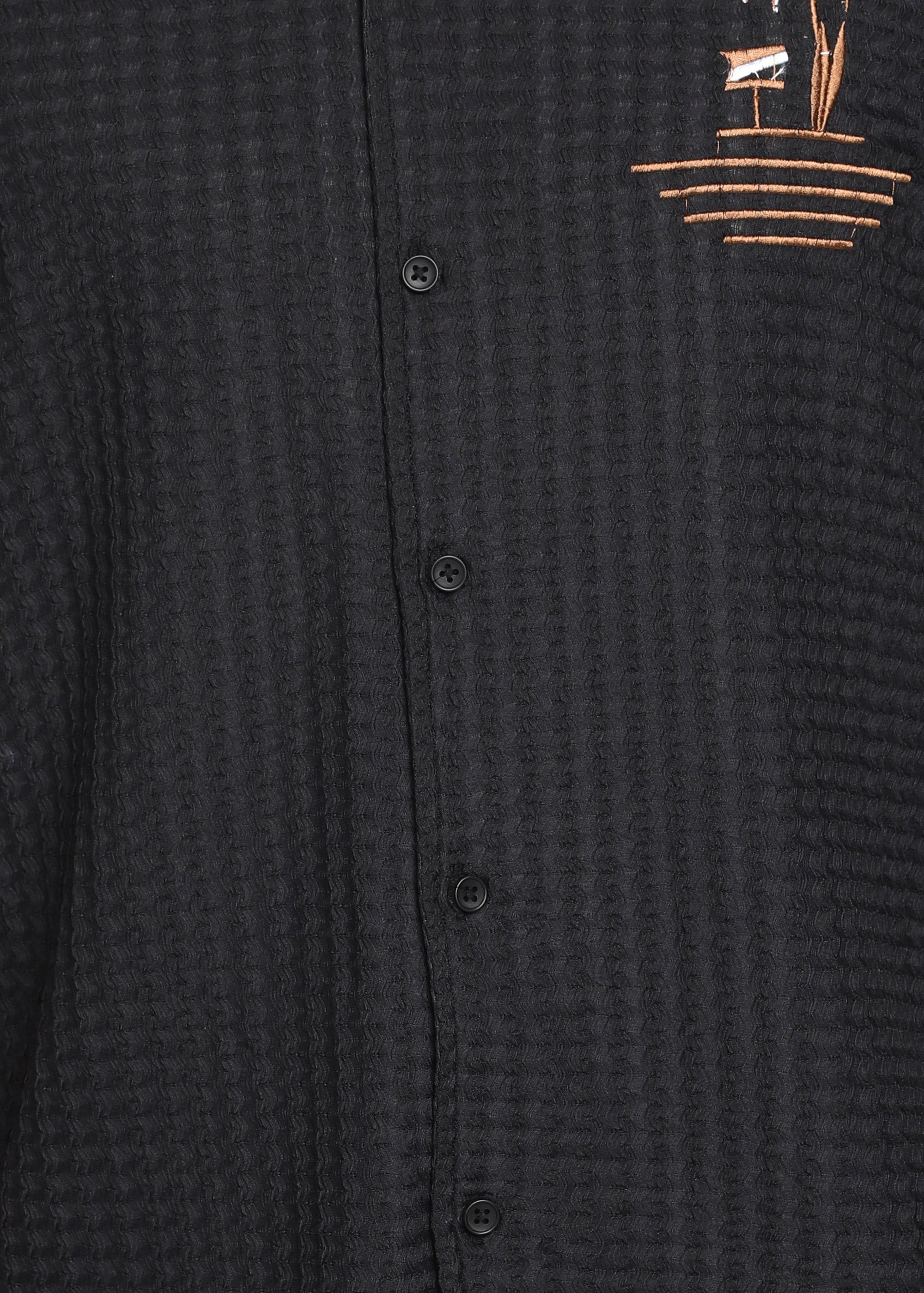 Men’s Black Textured Seersucker Cuban Collar Shirt with Palm Embroidery