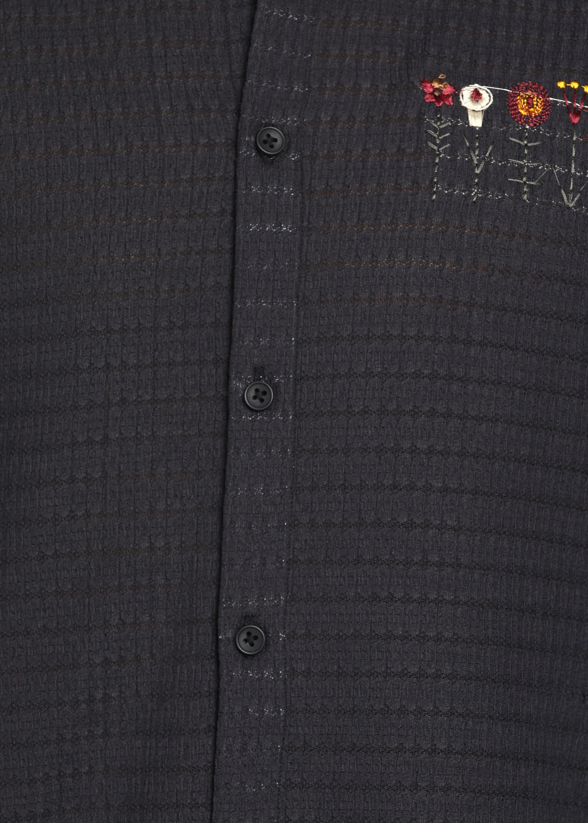 Men’s Black Textured Polyester Long-Sleeve Shirt with Floral Chest Embroidery