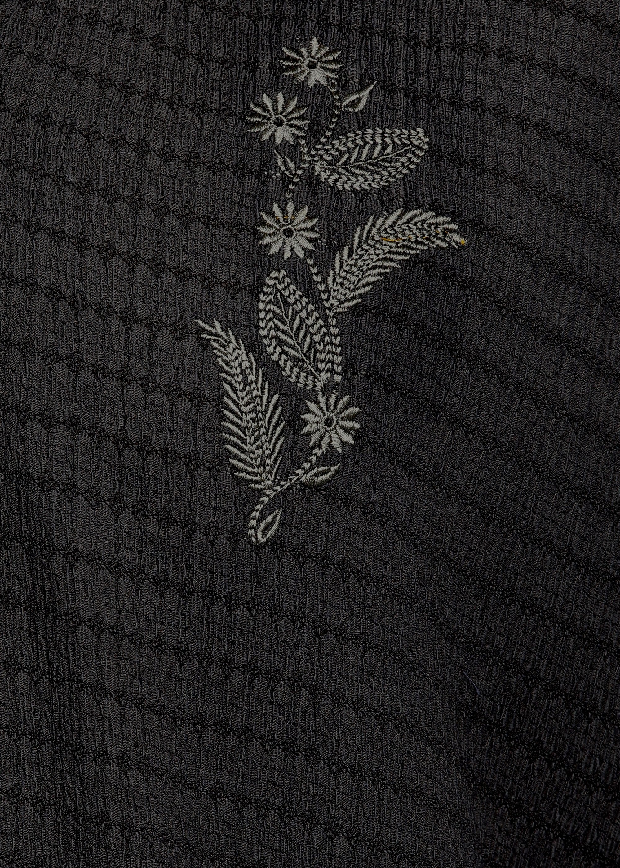 Men’s Black Textured Short-Sleeve Cuban Shirt with Floral Embroidery