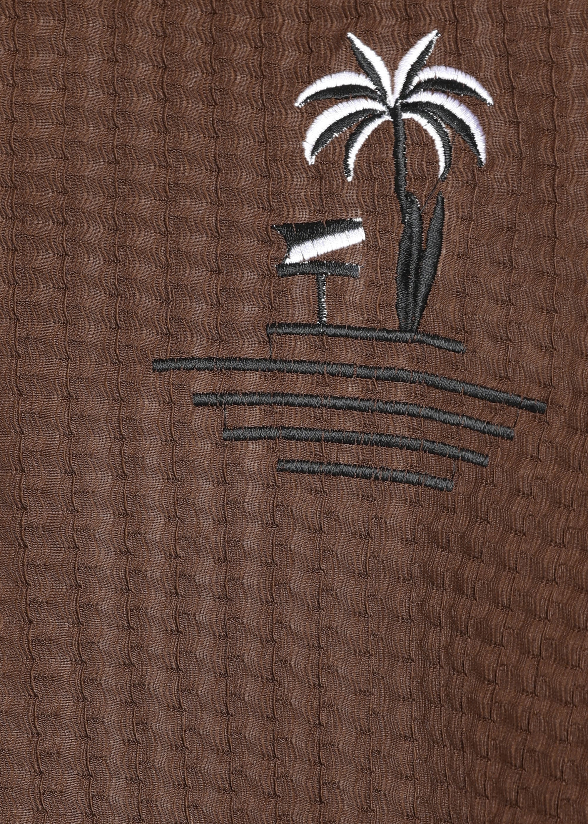 Men’s Brown Textured Seersucker Cuban Collar Shirt with Palm Embroidery