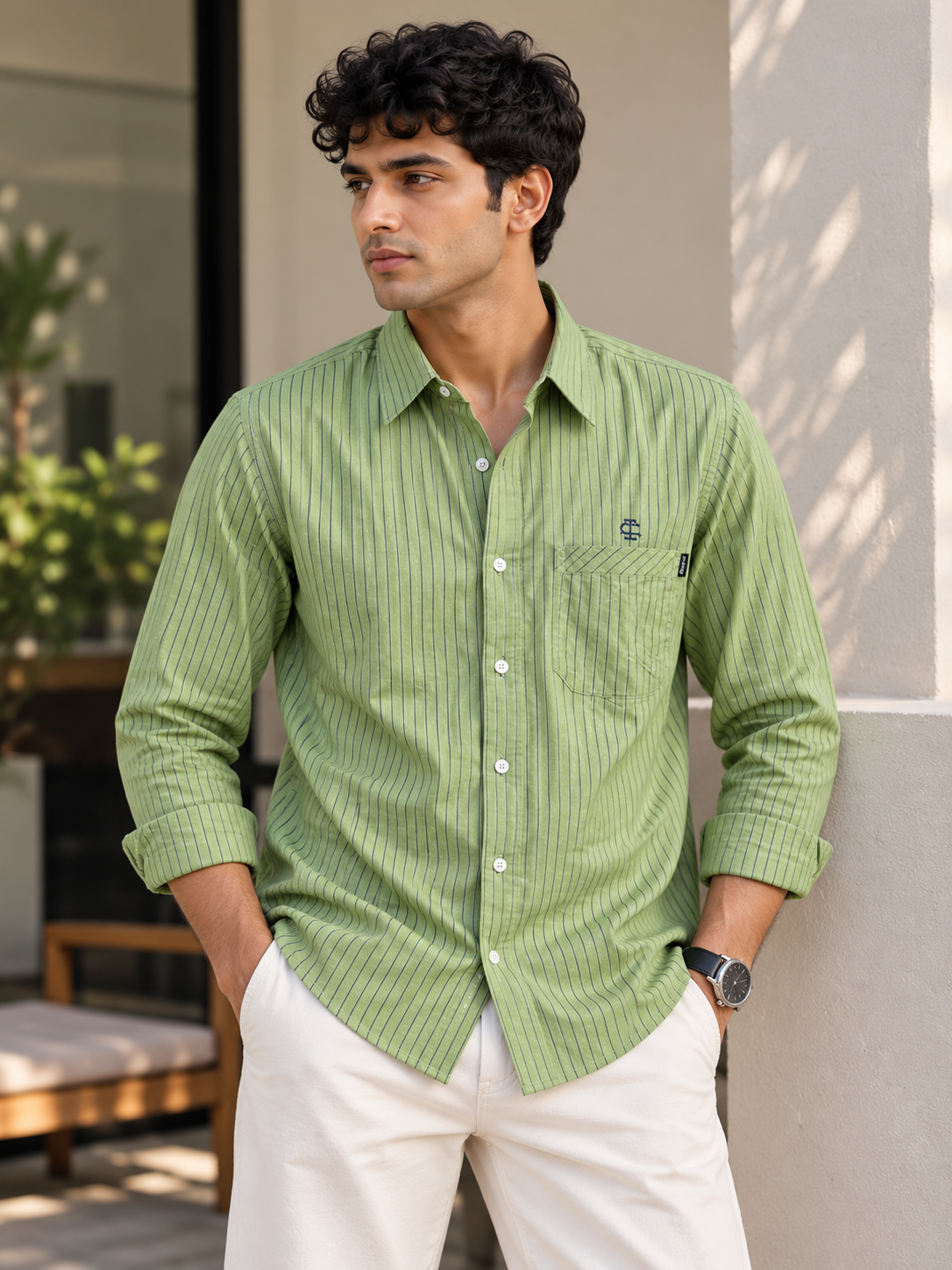 Men’s Striped Casual Shirt – Sage Green