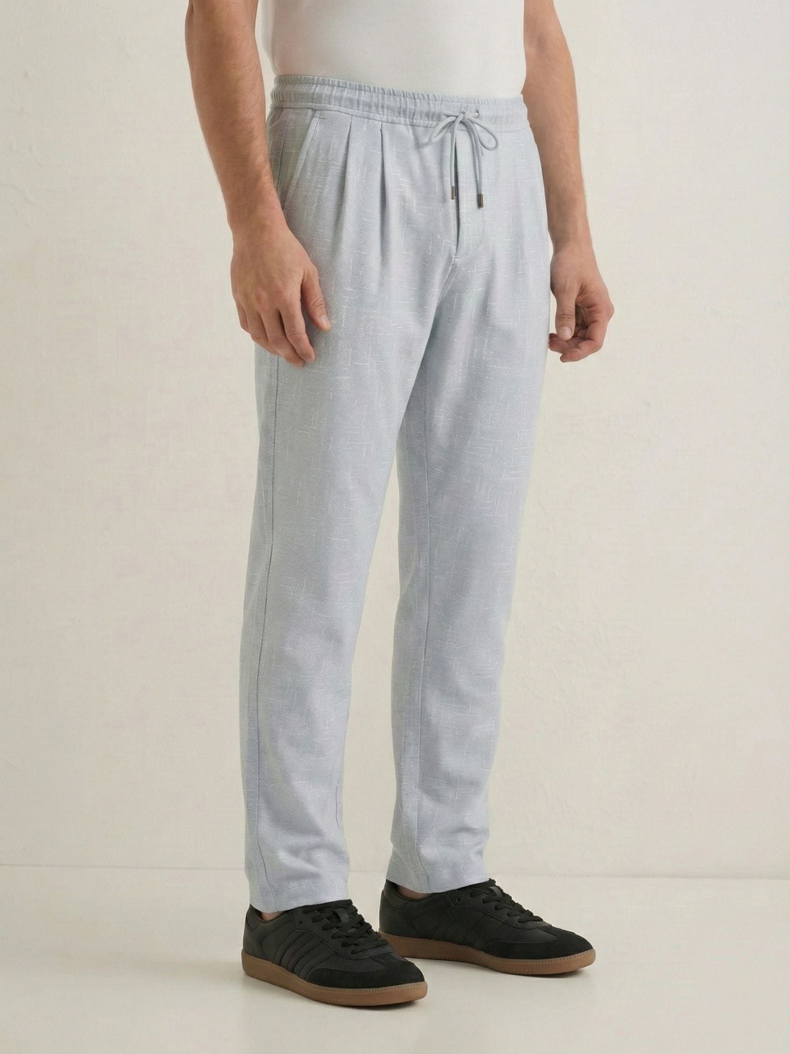 Men's Pale Grey Textured Relaxed Fit Trousers with Elasticated Drawstring Waist