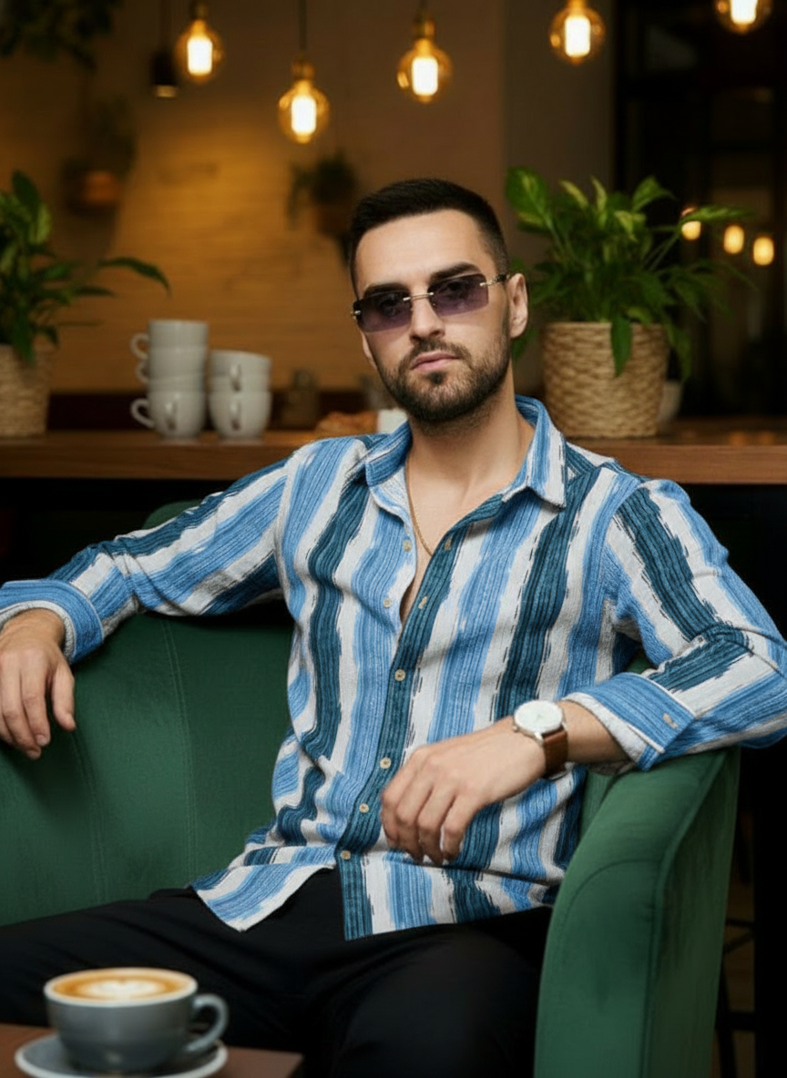 Men's Aqua Teal Abstract Stripe Winkle Ribbed Shirt