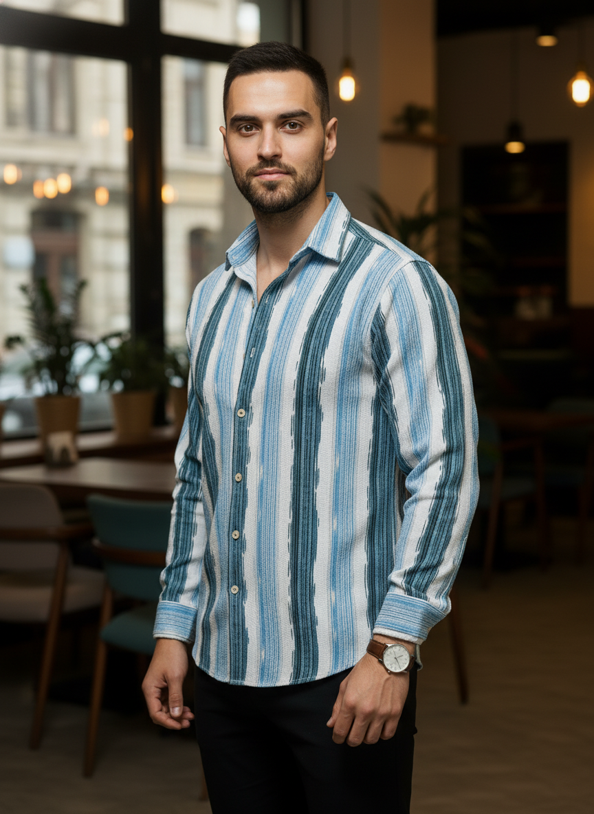 Men's Aqua Teal Abstract Stripe Winkle Ribbed Shirt