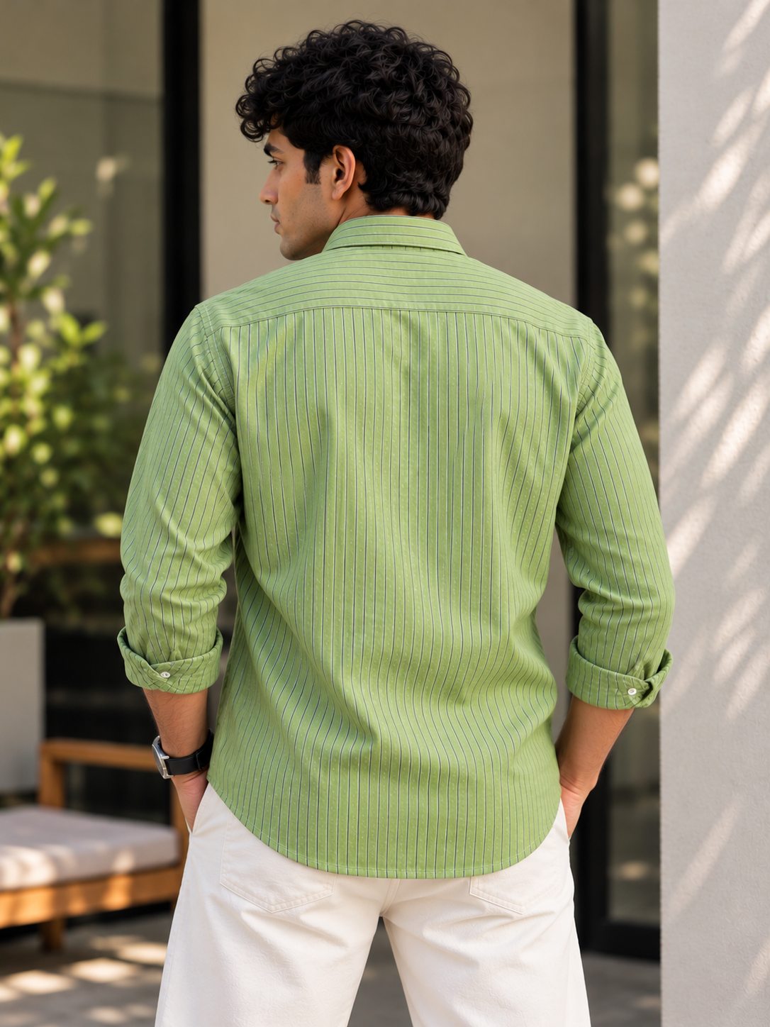 Men’s Striped Casual Shirt – Sage Green