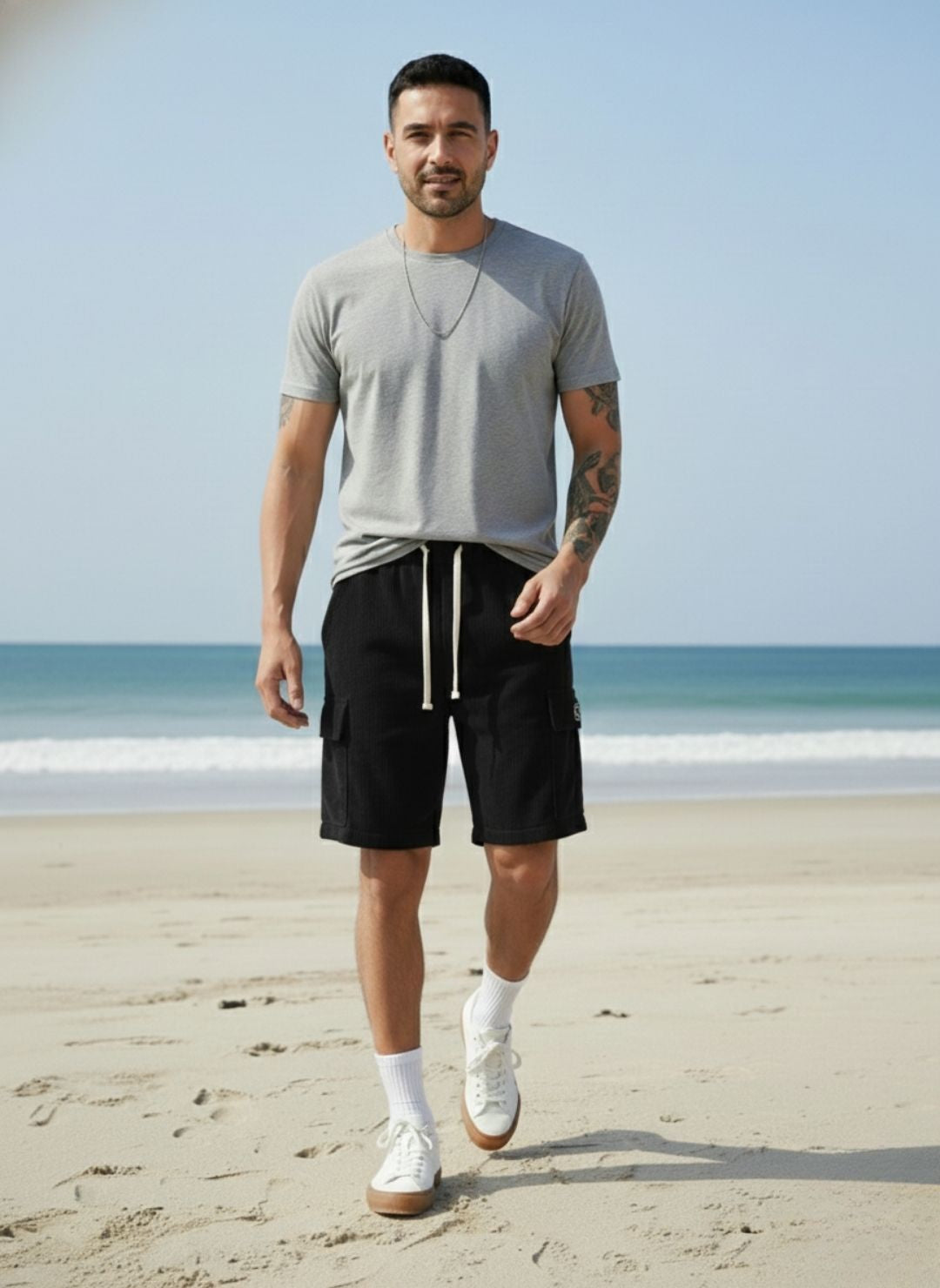 Men's Black Premium Ribbed Texture Cargo Shorts