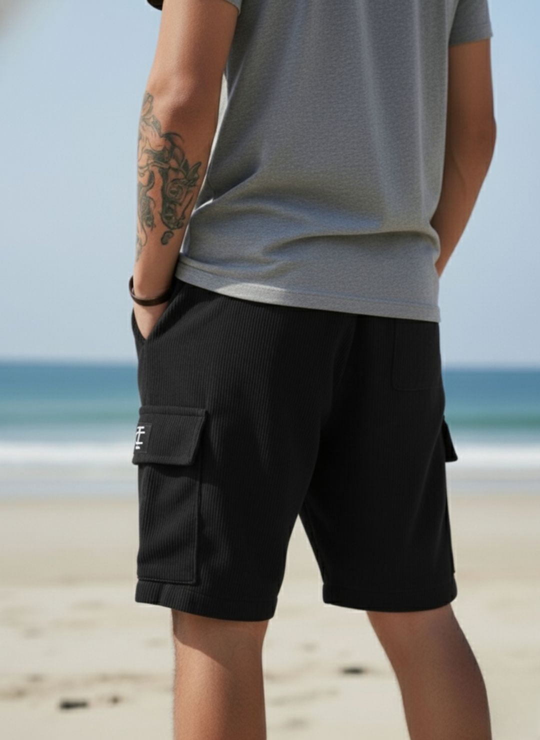 Men's Black Premium Ribbed Texture Cargo Shorts