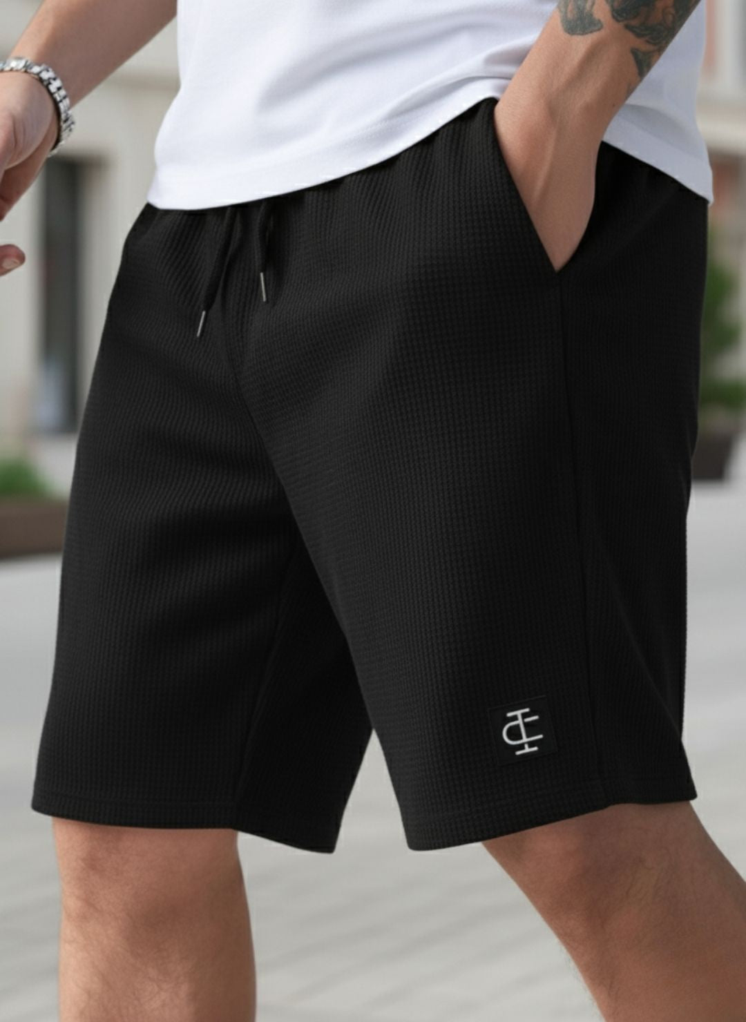 Men's Jet Black Premium Waffle Knit Shorts