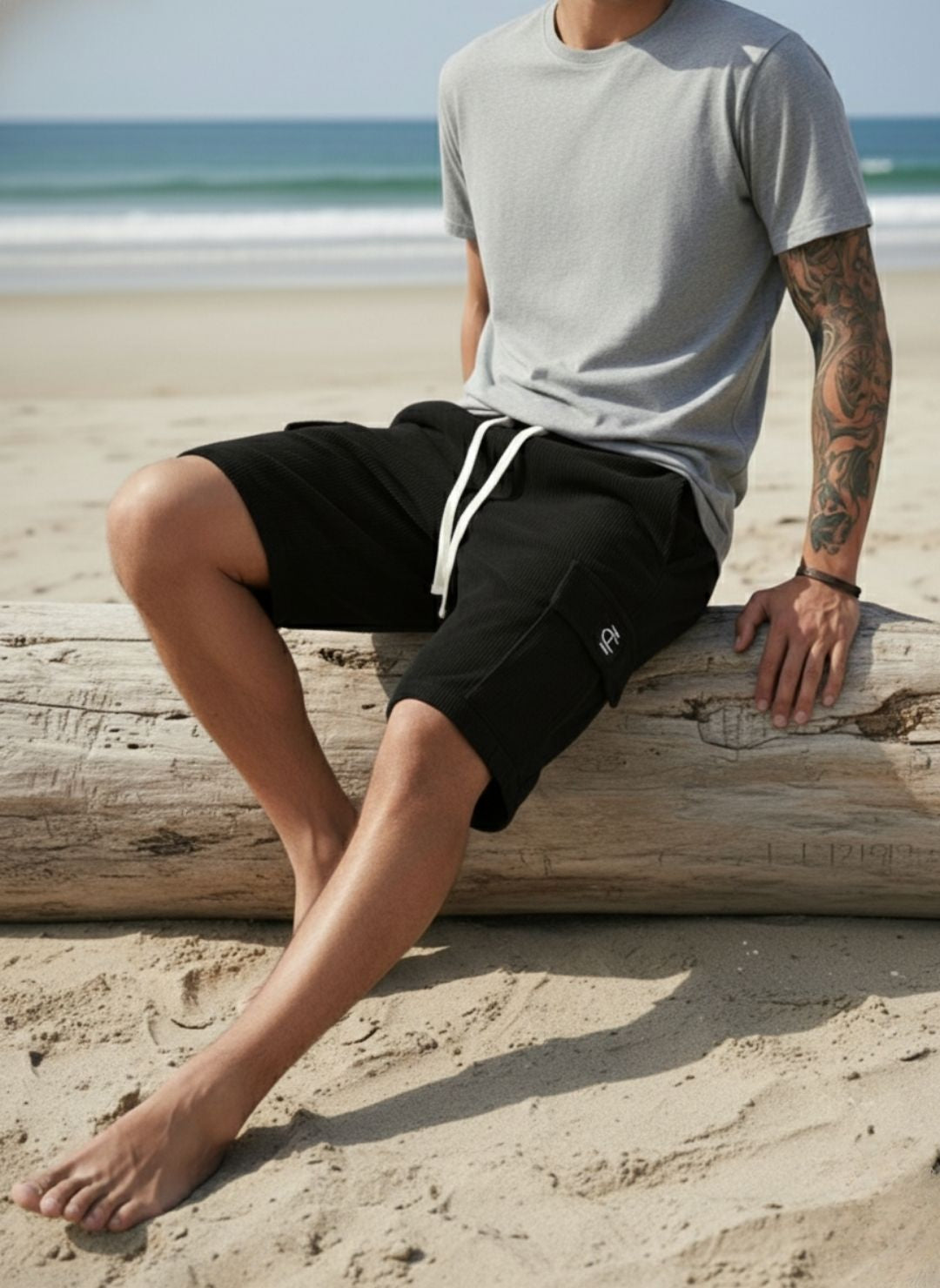 Men's Black Premium Ribbed Texture Cargo Shorts