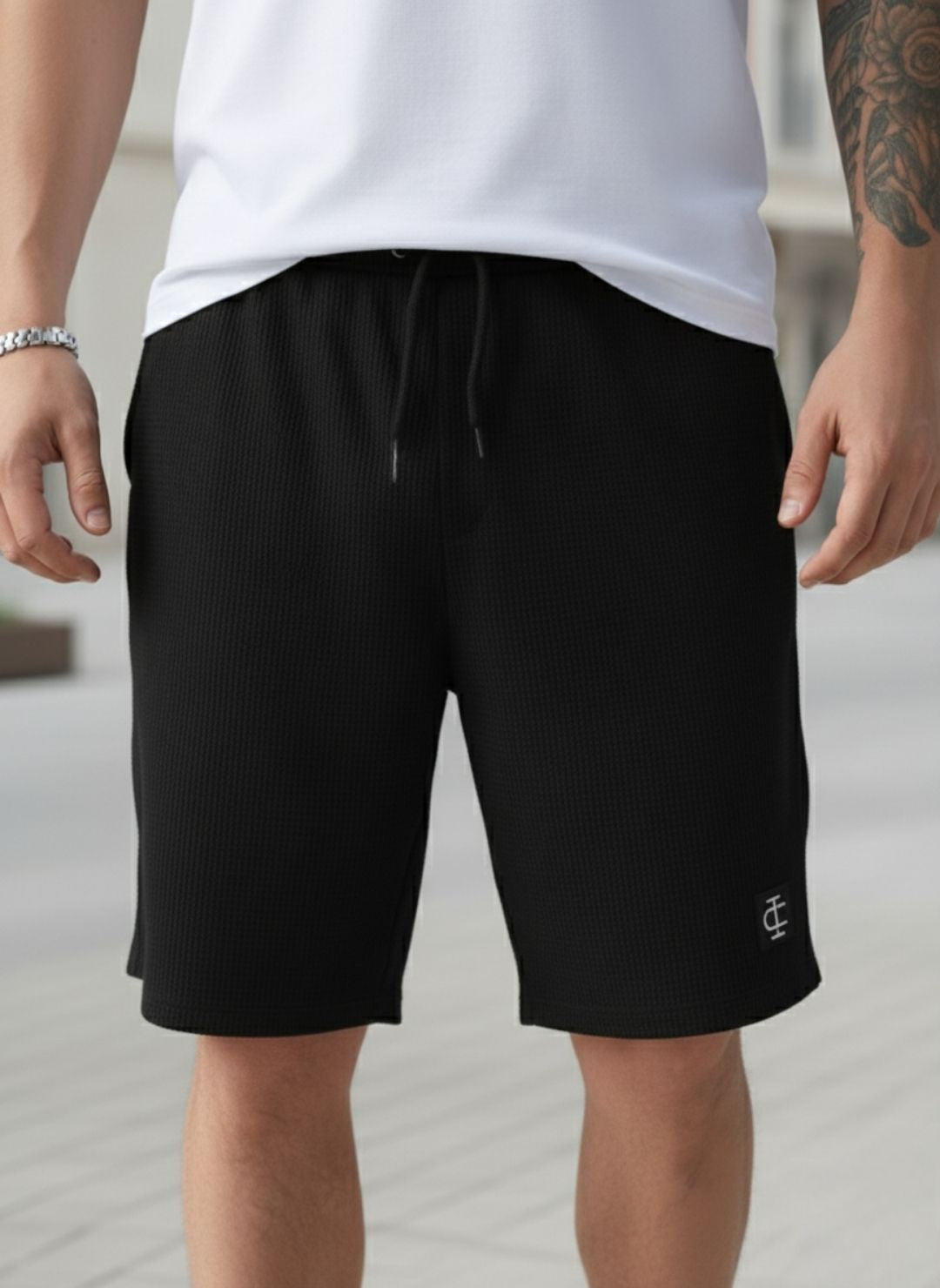 Men's Jet Black Premium Waffle Knit Shorts