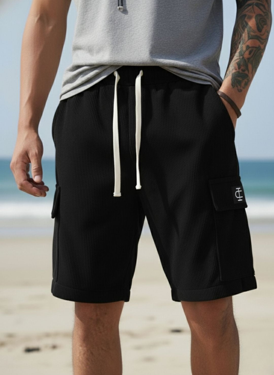 Men's Black Premium Ribbed Texture Cargo Shorts