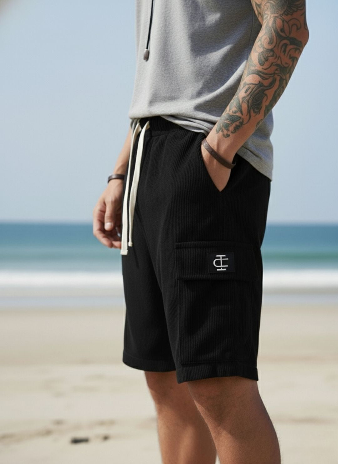 Men's Black Premium Ribbed Texture Cargo Shorts