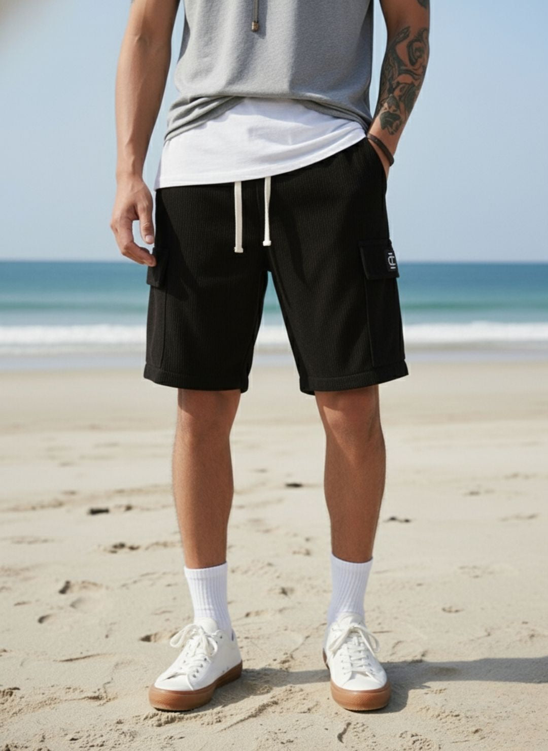 Men's Black Premium Ribbed Texture Cargo Shorts