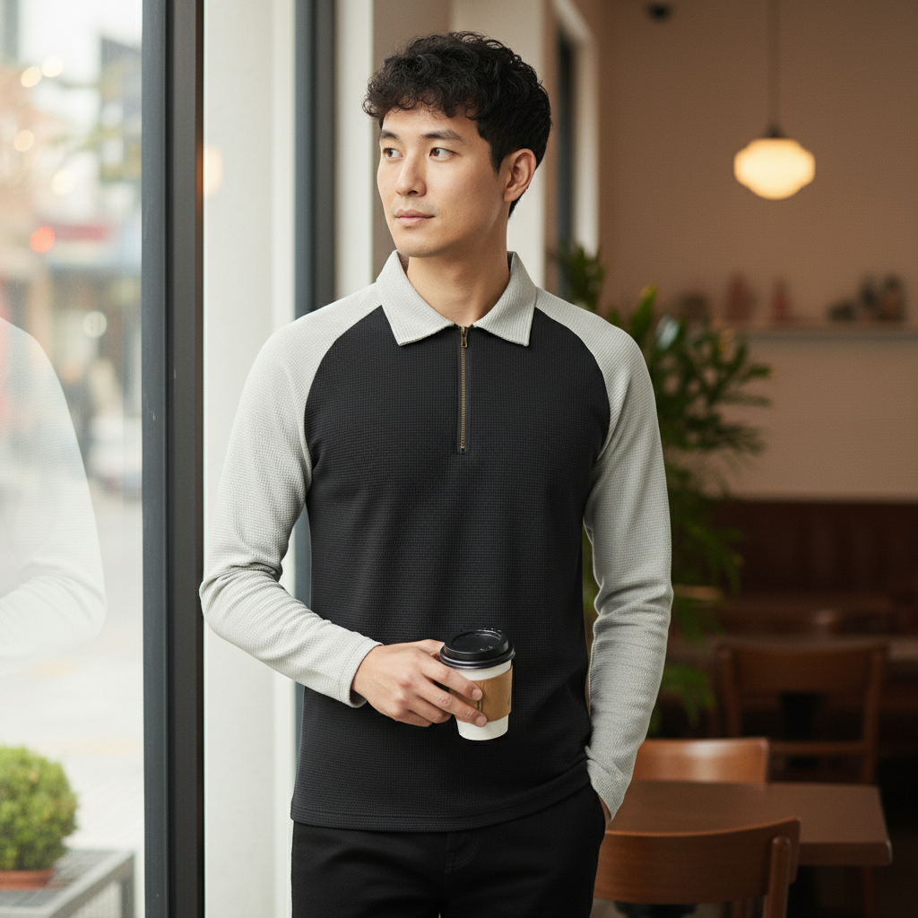 Men’s Black & Light Grey Waffle Knit Quarter-Zip Long Sleeve Polo T-shirt