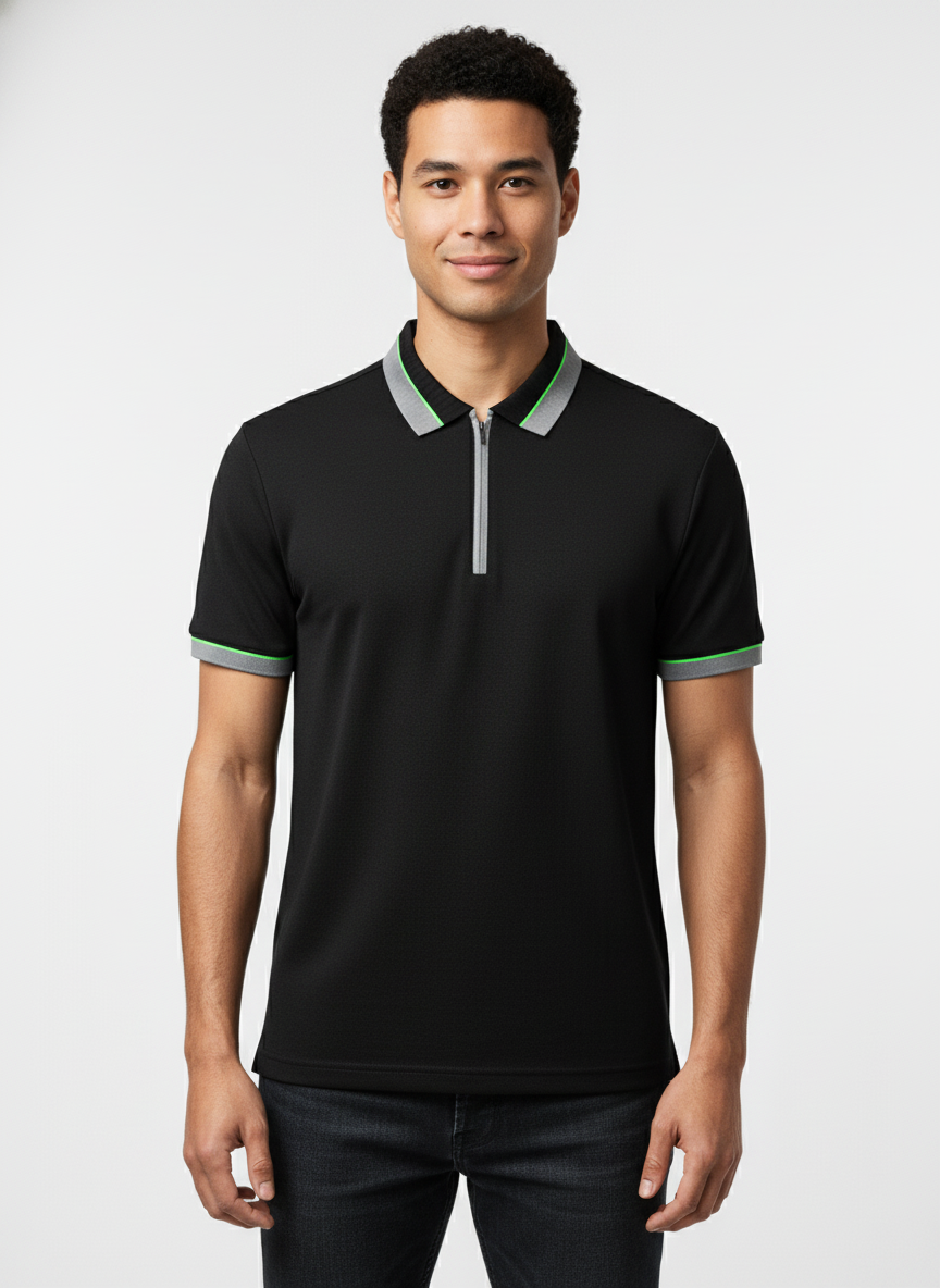 Men's Black Textured Zip-Polo T-Shirt with Neon Collar Accent
